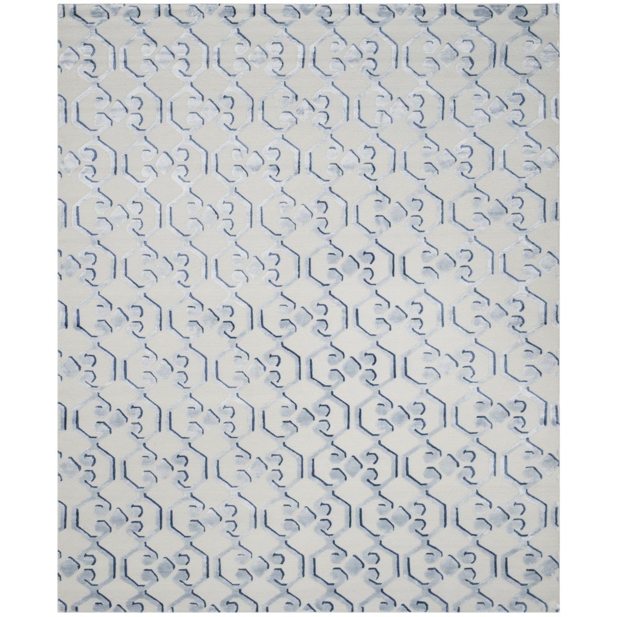 Hand-Knotted Blue and Ivory Geometric Wool Rug, 6' x 9'