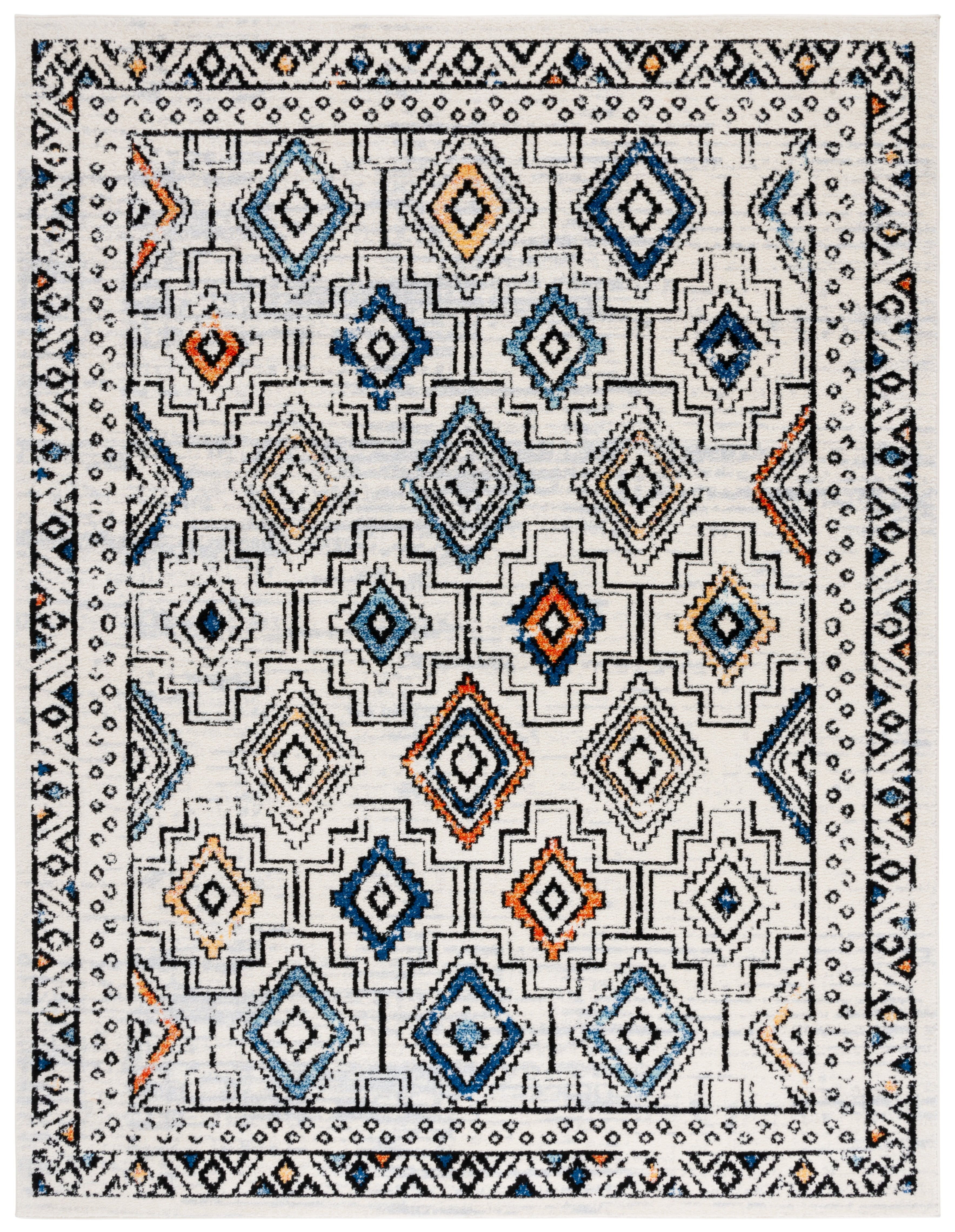 Ivory and Blue Oriental Round Stain-Resistant Area Rug