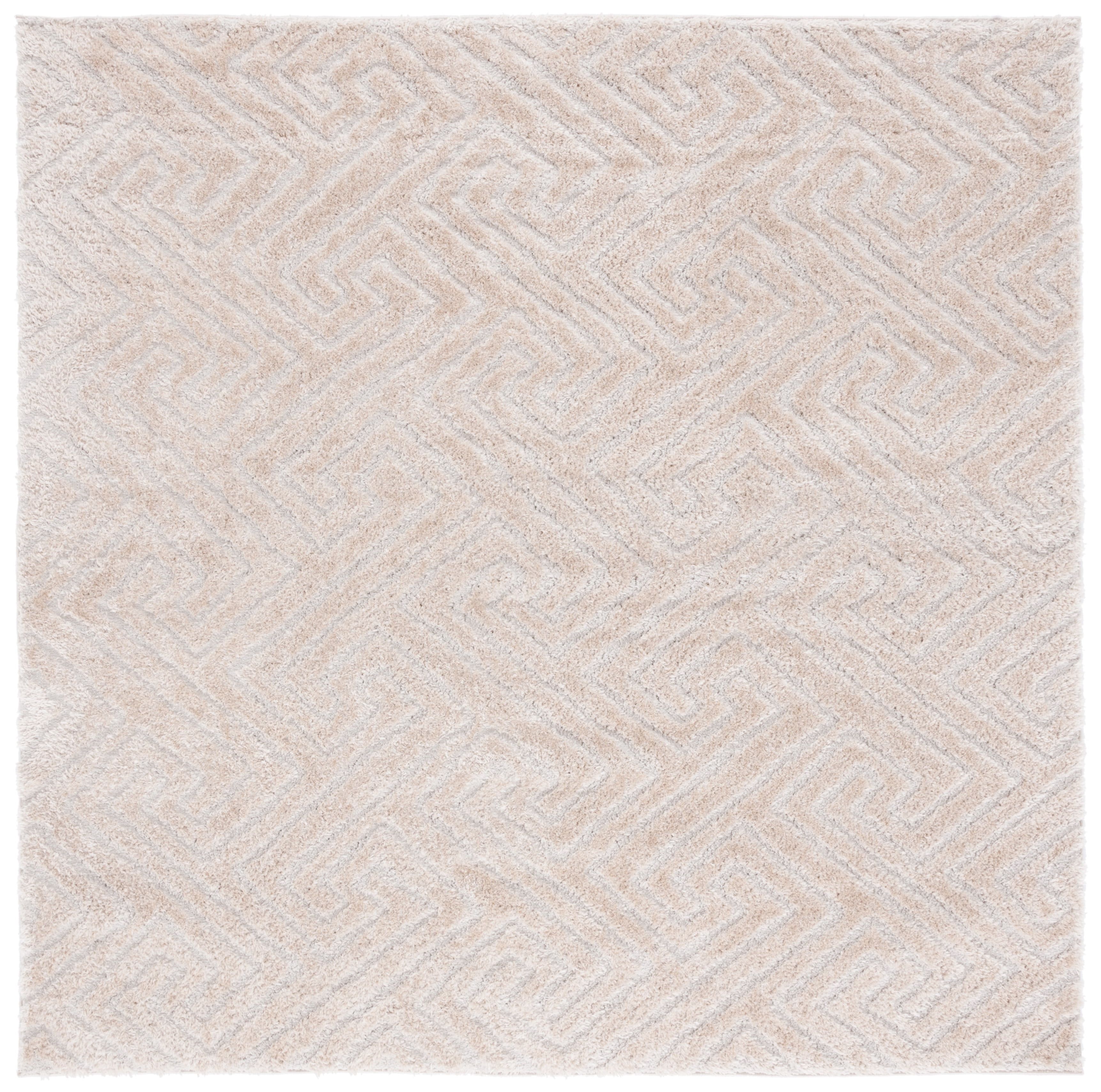 Beige Geometric Shag Synthetic Square Area Rug, 79" x 79"