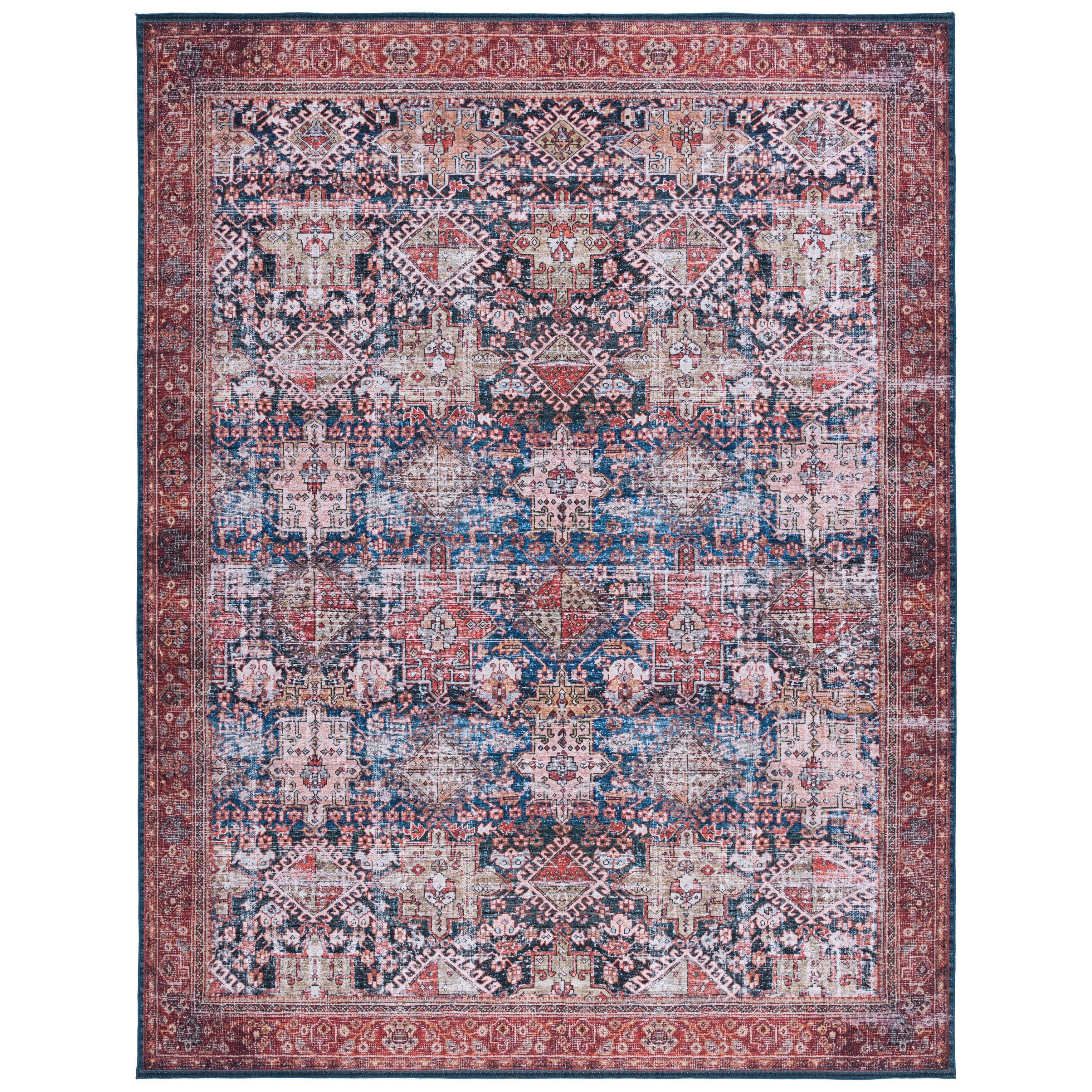 Elegant Red Synthetic 10' x 14' Machine Washable Area Rug