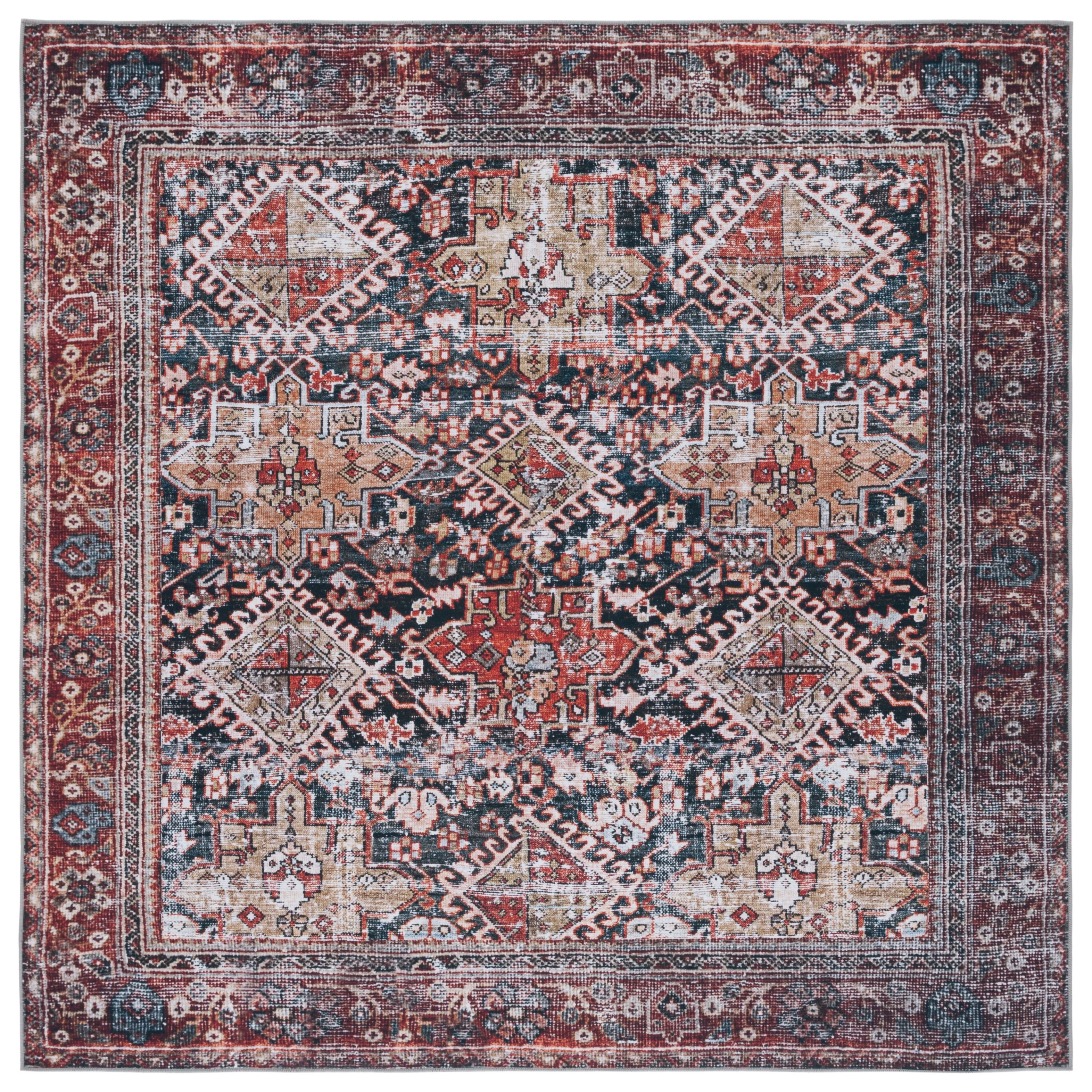 Navy and Rust Square Machine Washable Oriental Rug, 4' x 4'