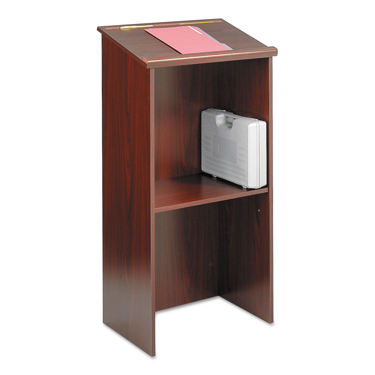 Mahogany Adjustable Stand-Up Lectern with Storage Shelf