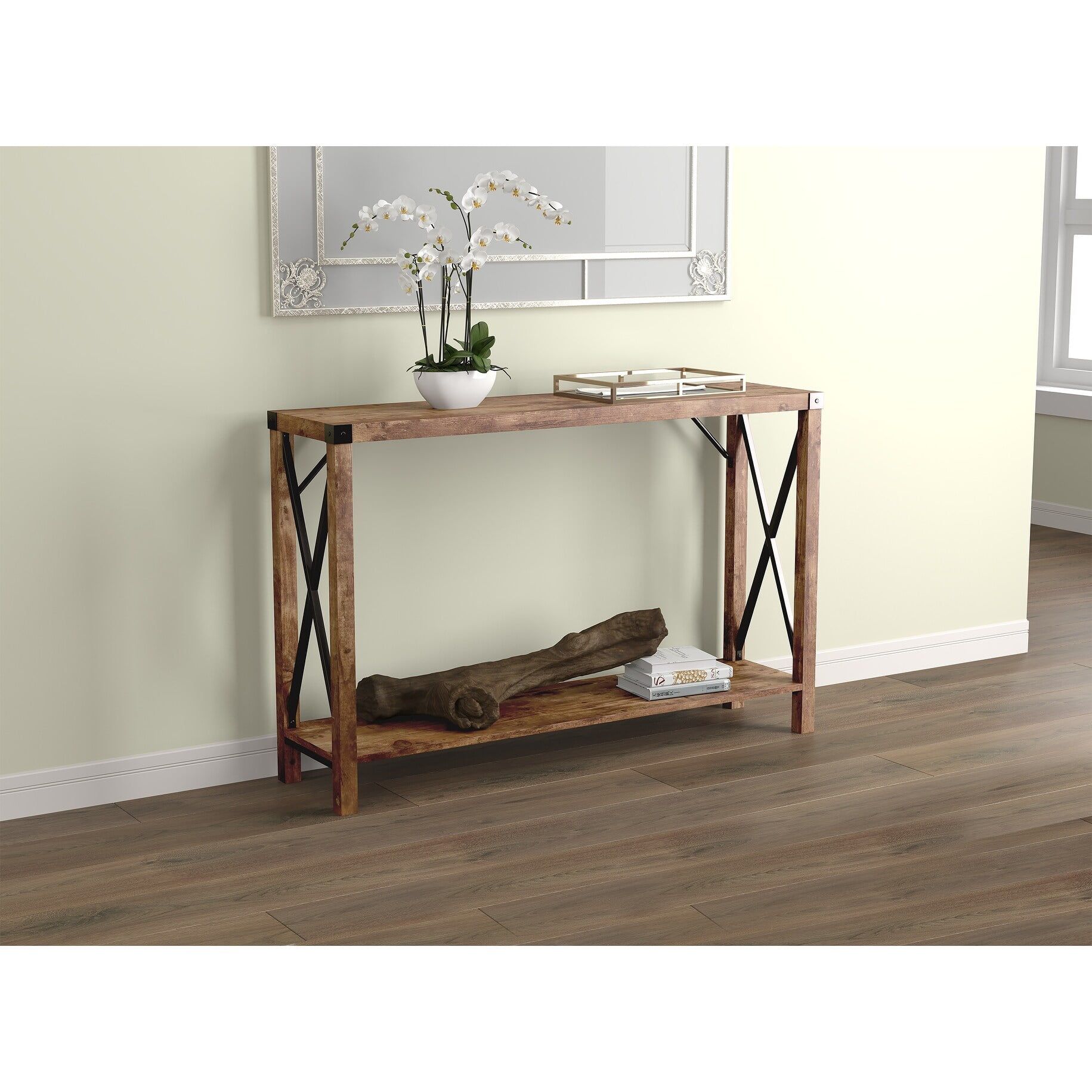 Brown Reclaimed Wood and Metal Console Table with Storage Shelf