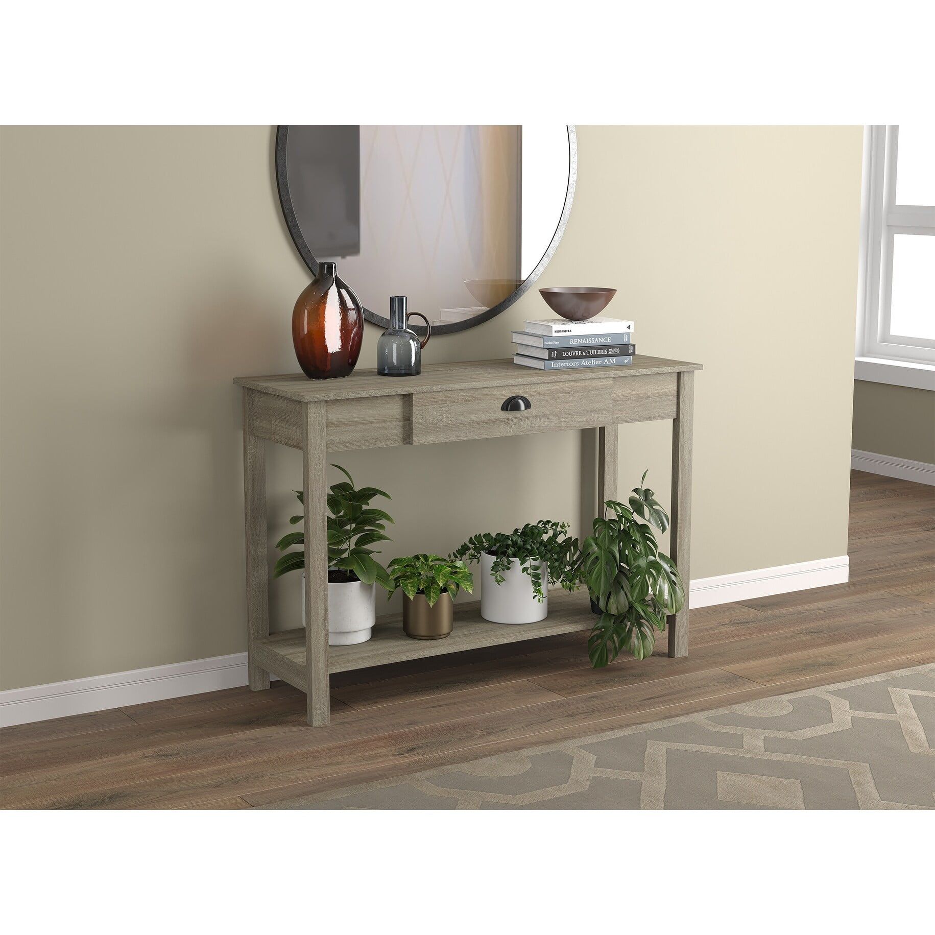 Dark Taupe 47" Wood Console Table with Drawer and Shelf