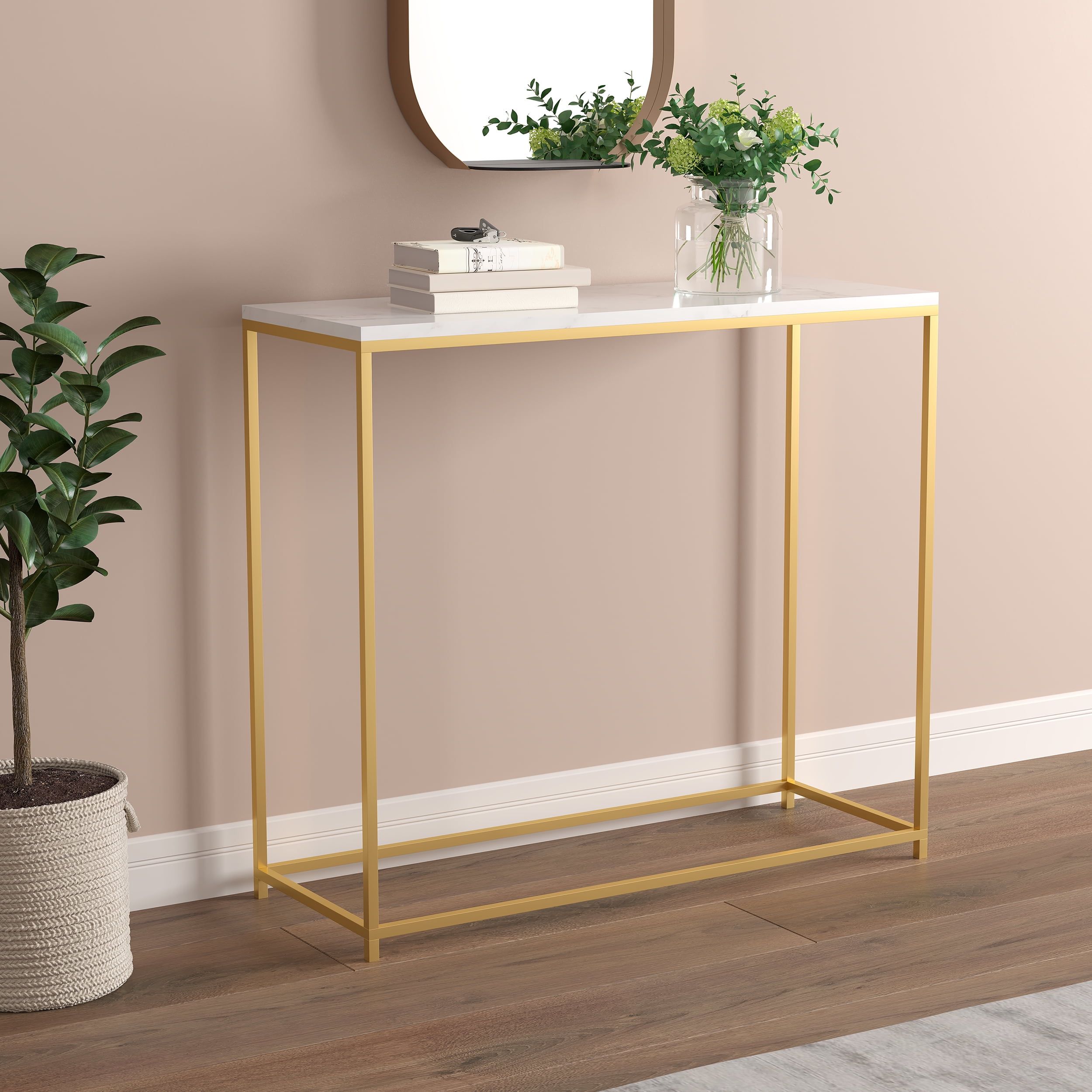 Contemporary Marble-Top Console Table with Gold Metal Frame