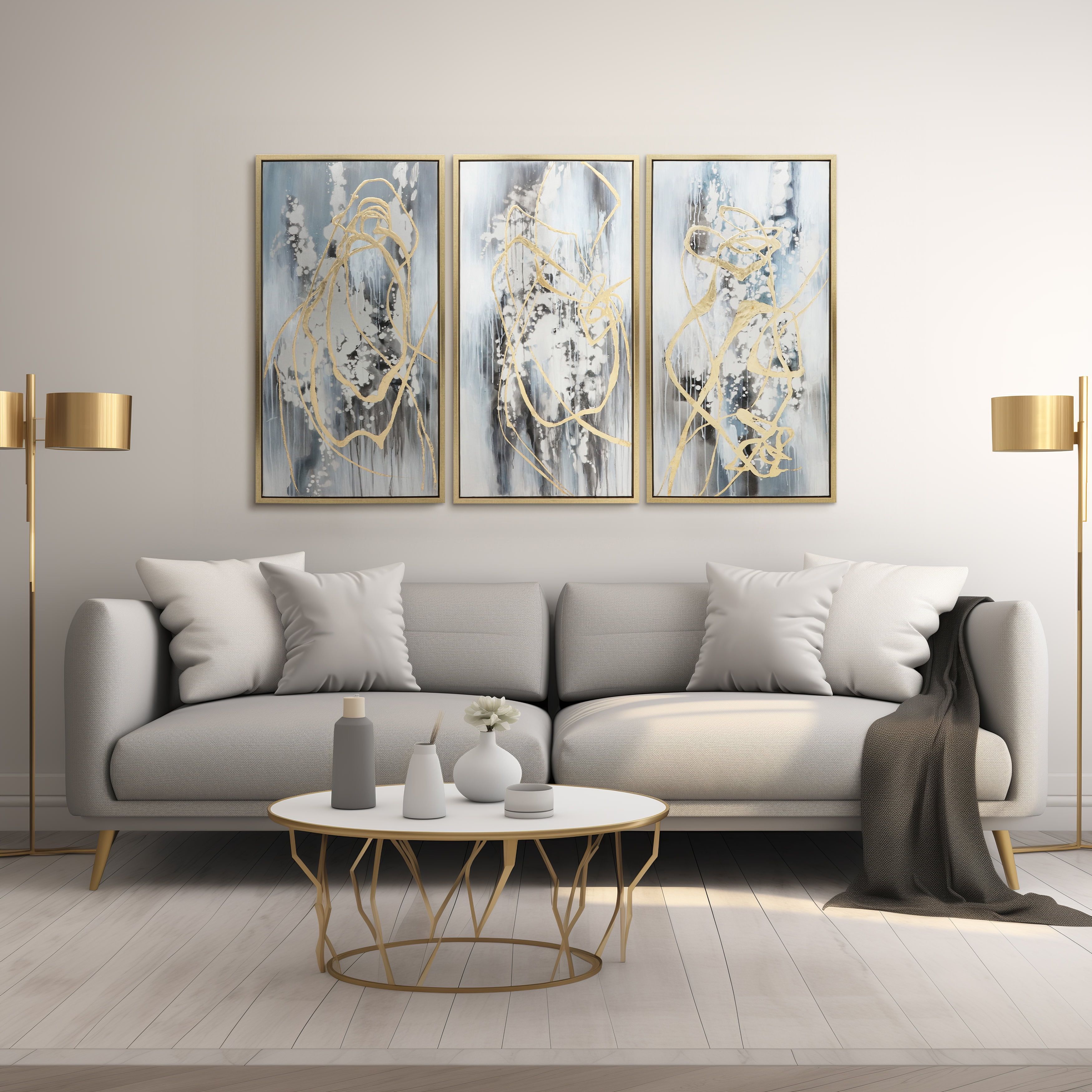 Large Abstract Multi-Color Canvas Set with Gold Frames