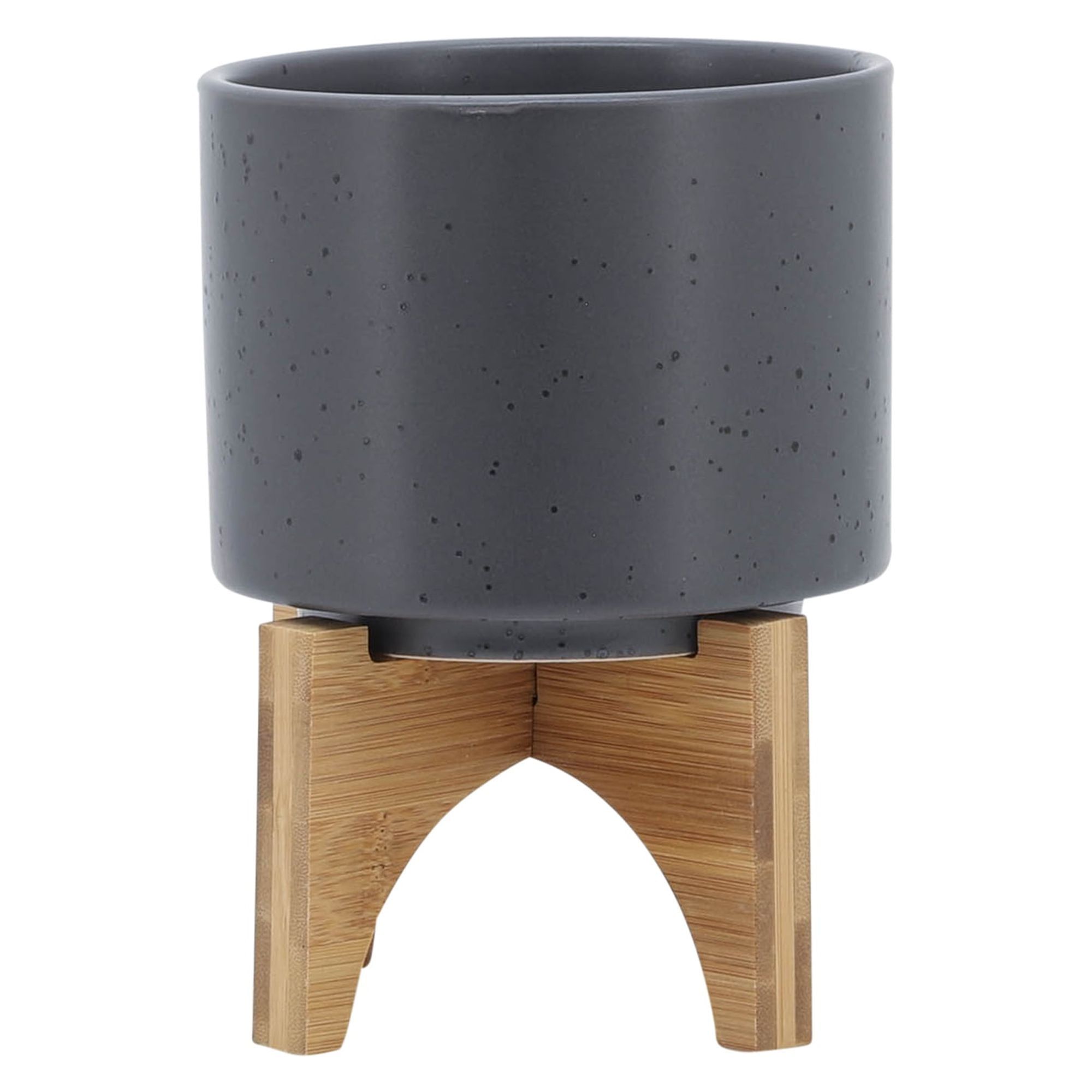 Matte Gray Ceramic Planter with Wood Stand, 5"