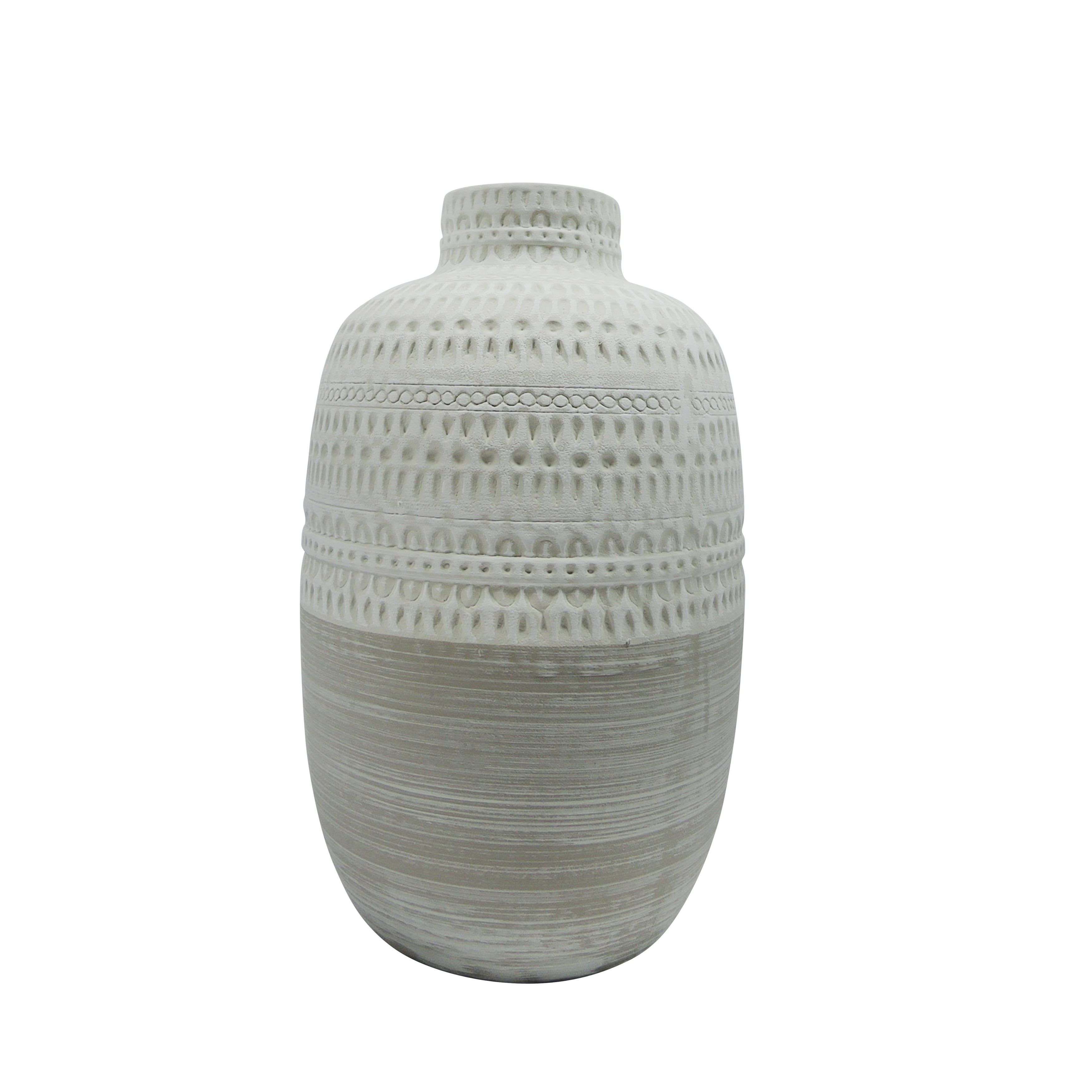 Ivory and Beige Ceramic Tribal Design Vase, 8"