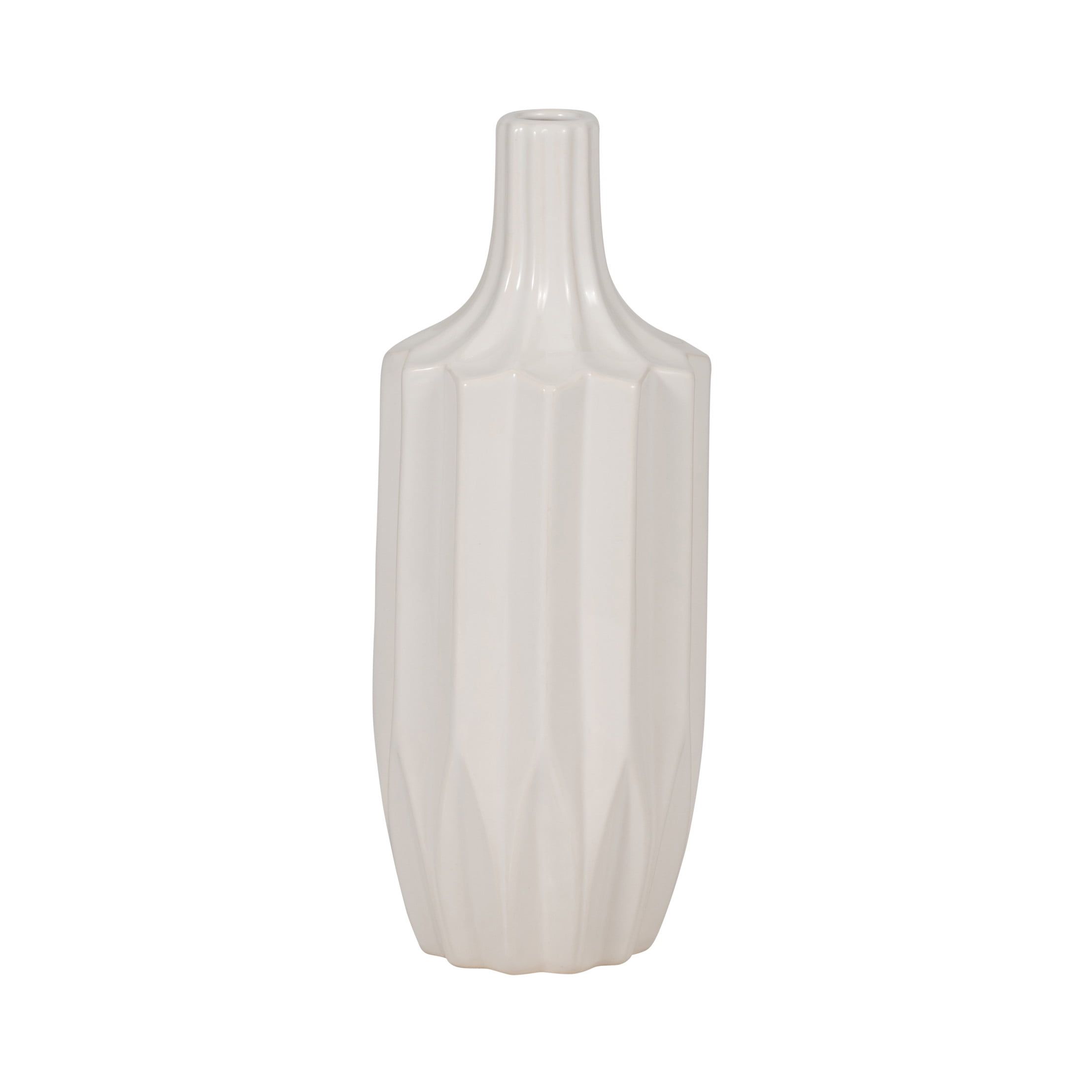 White Ceramic Fluted Cylinder Vase, 13" Tall