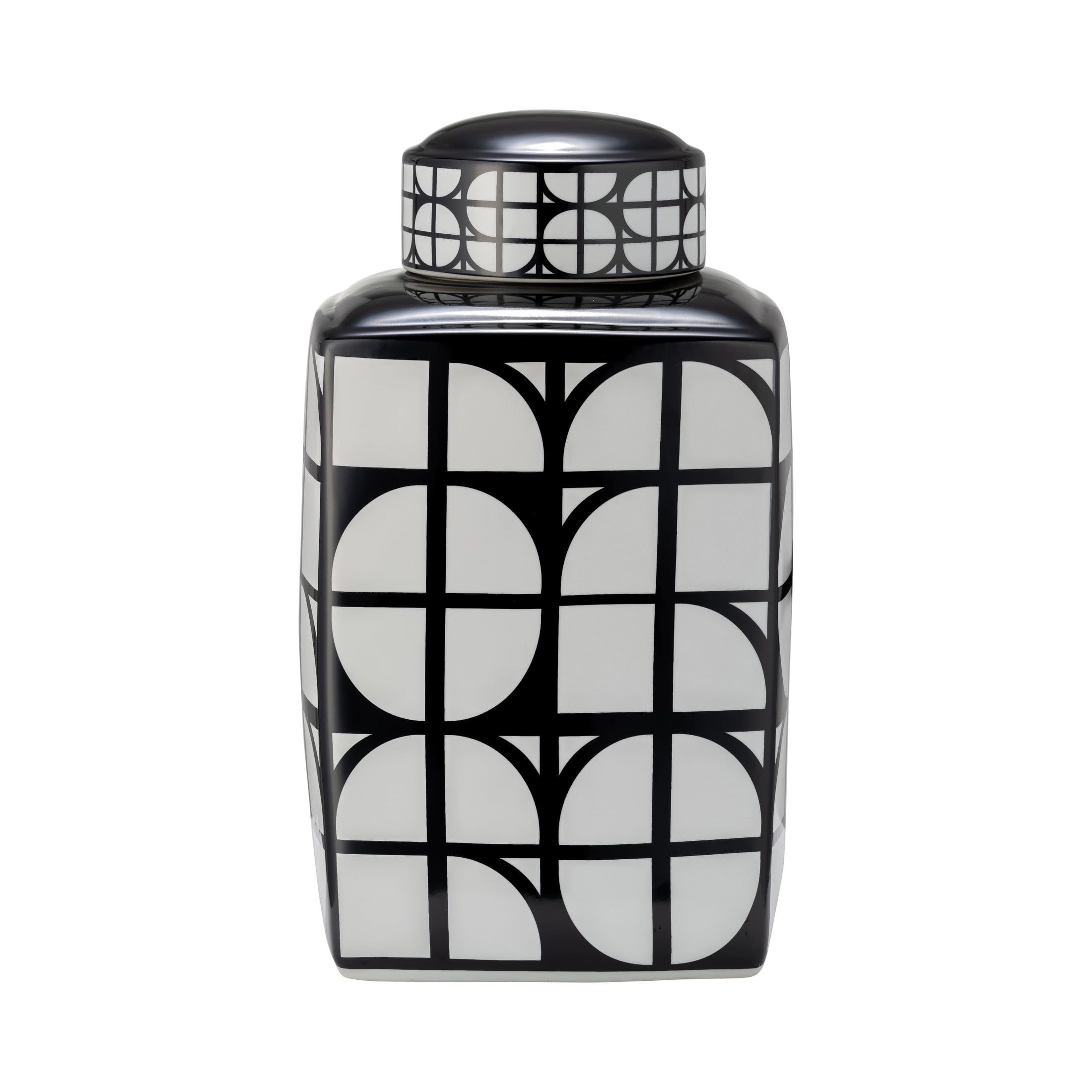 Black and White Geometric Ceramic Jar with Lid, 16-inch