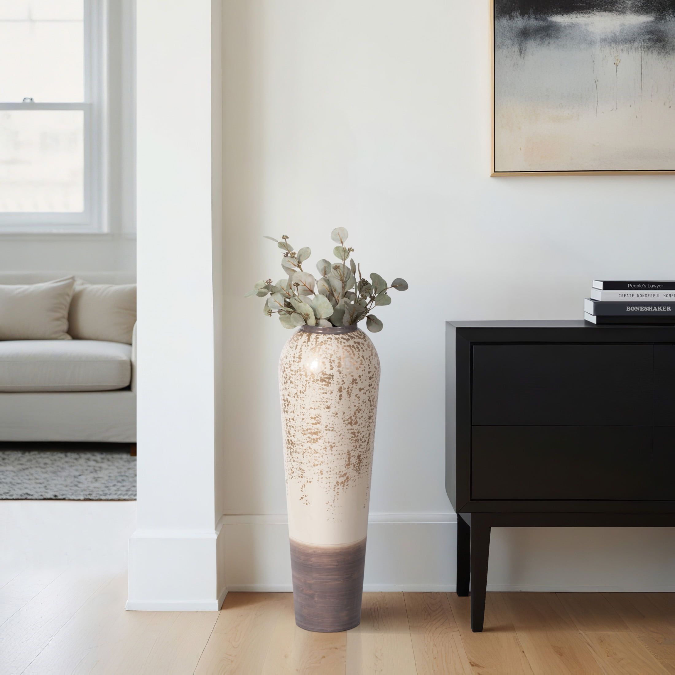 Ivory and Brown Tall Metal Floor Vase with Artistic Design