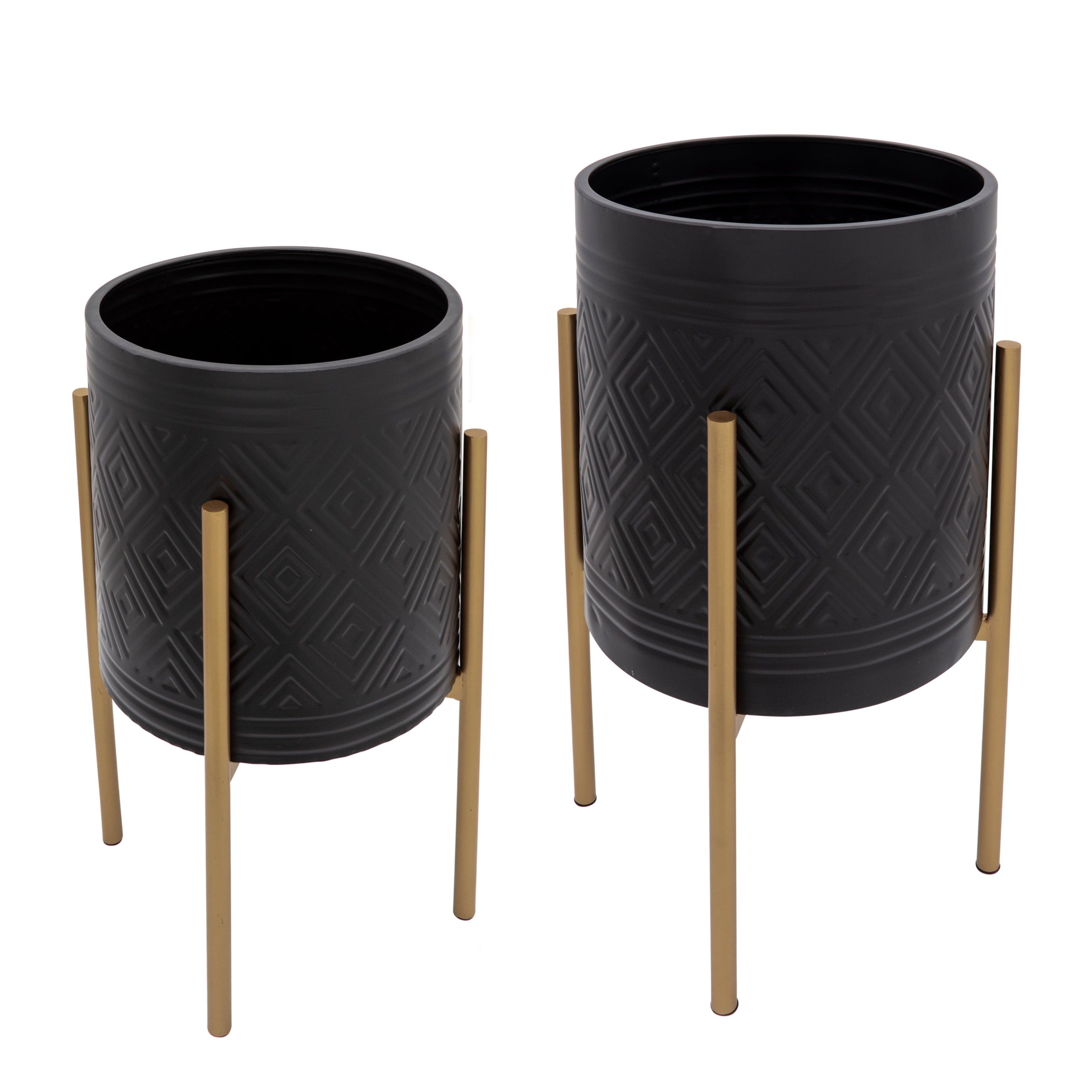 Black and Gold Aztec Planter Set with Metal Stand