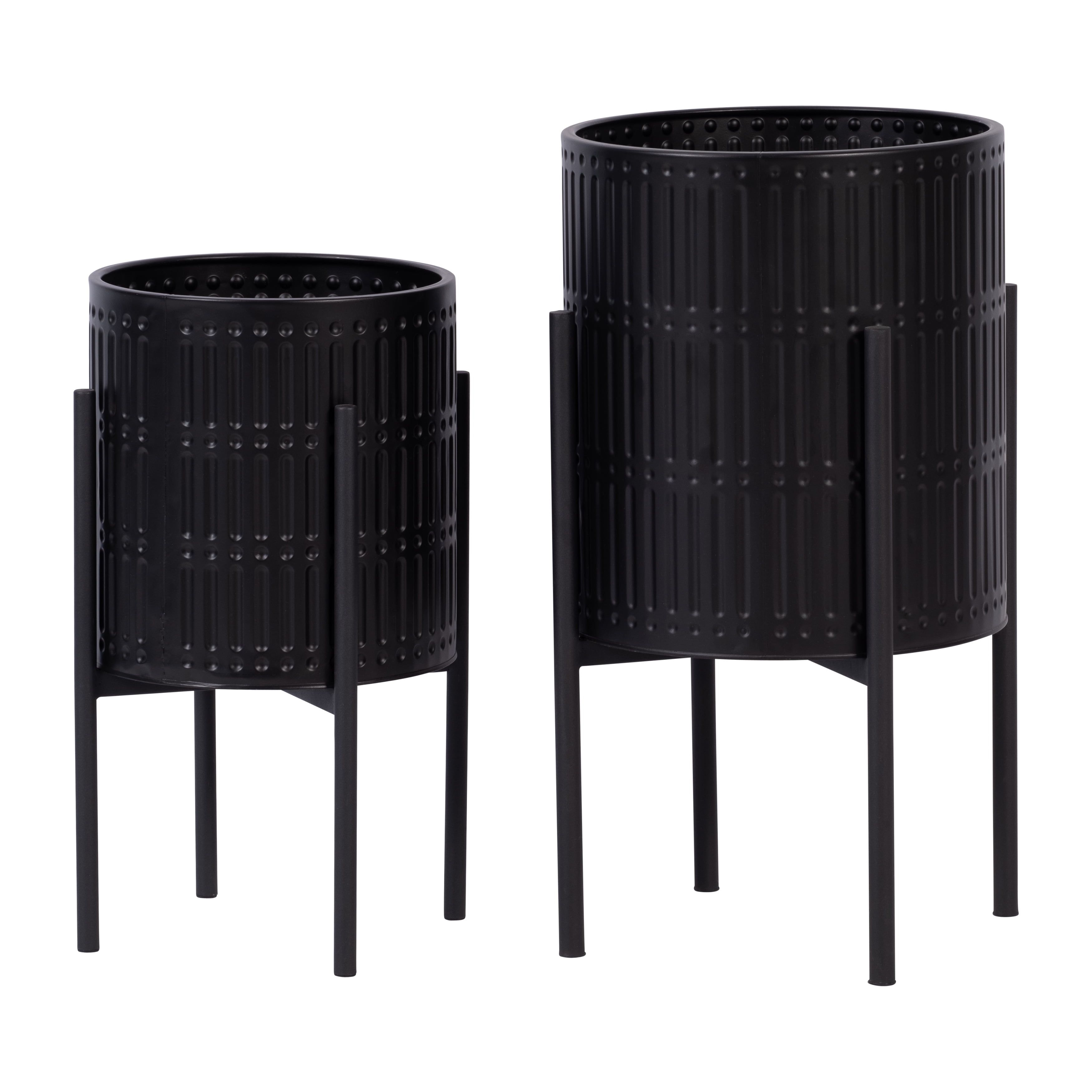 Black Ridged Iron Planters with Metal Stands, Set of 2