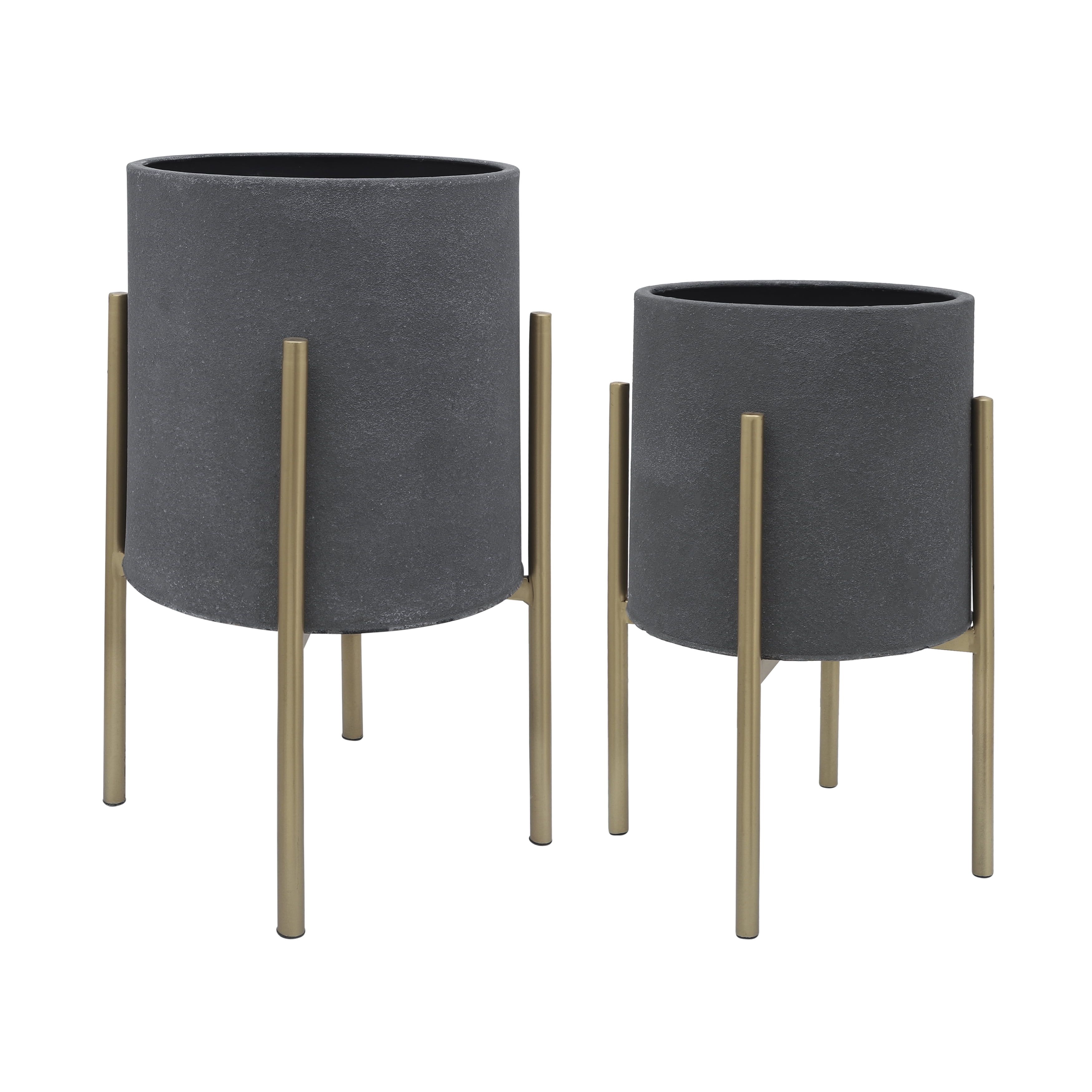 Gray Cement Planters with Gold Metal Stand - Set of 2