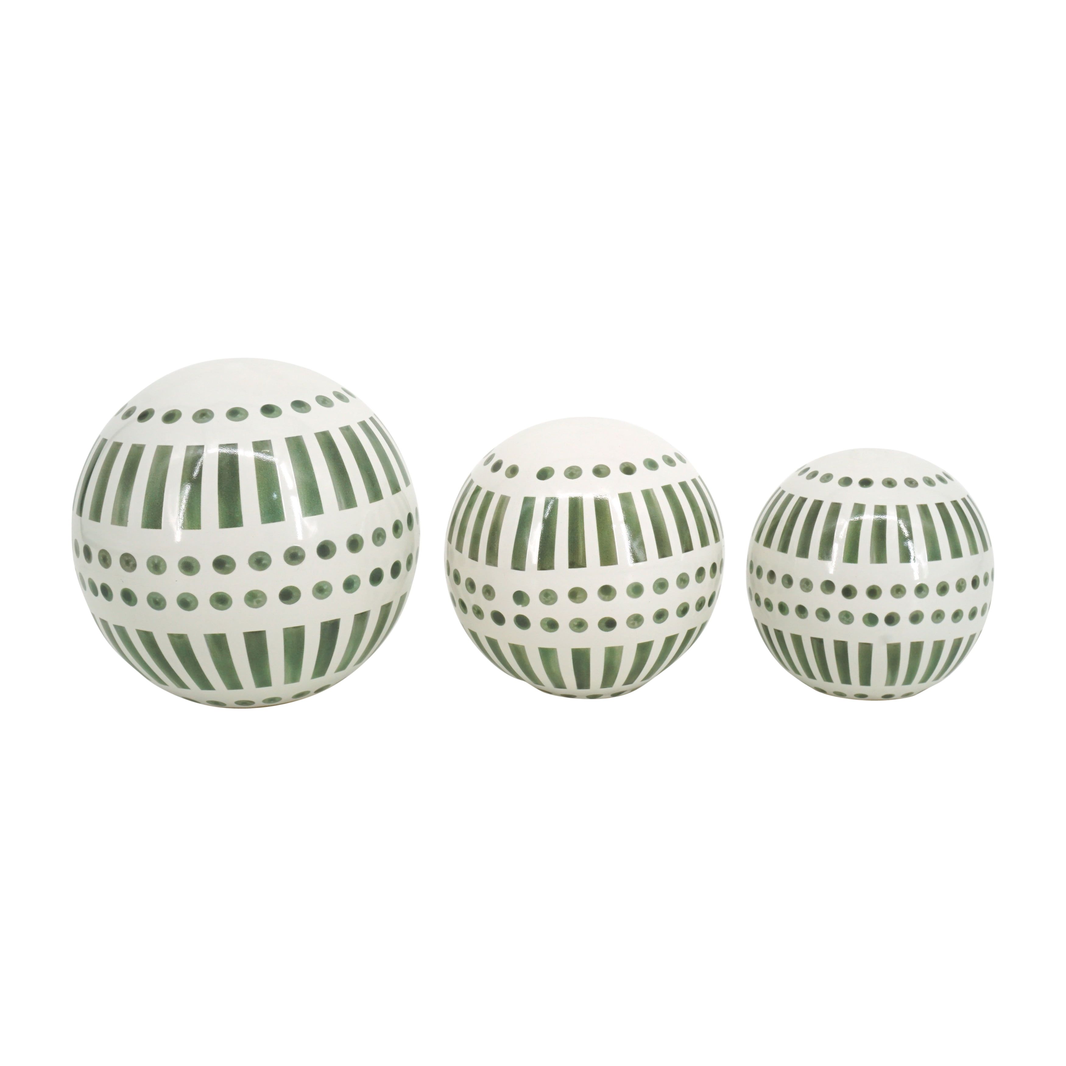 Green and White Ceramic Orb Sculpture Set