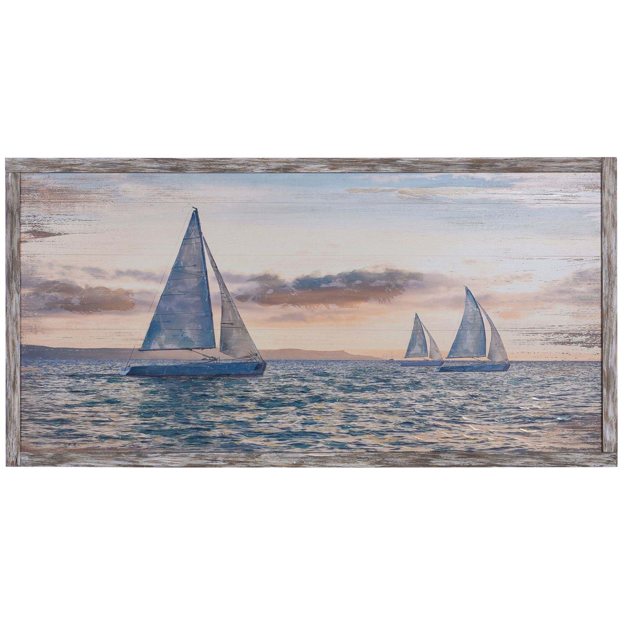 Coastal Sailing Landscape Wood Wall Art with Rustic Frame