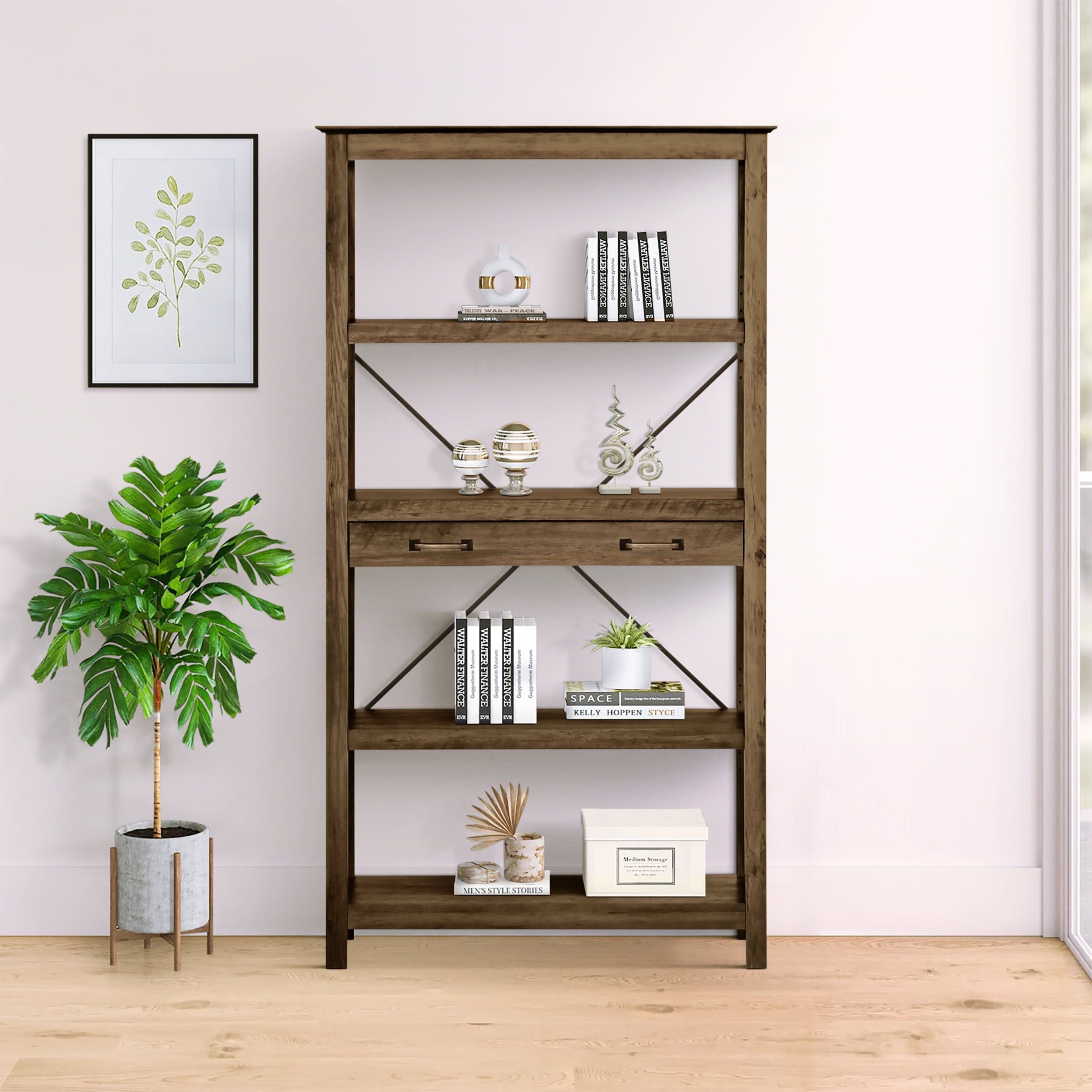 Honduras Rustic Oak Brown Four-Shelf Bookcase with Drawers