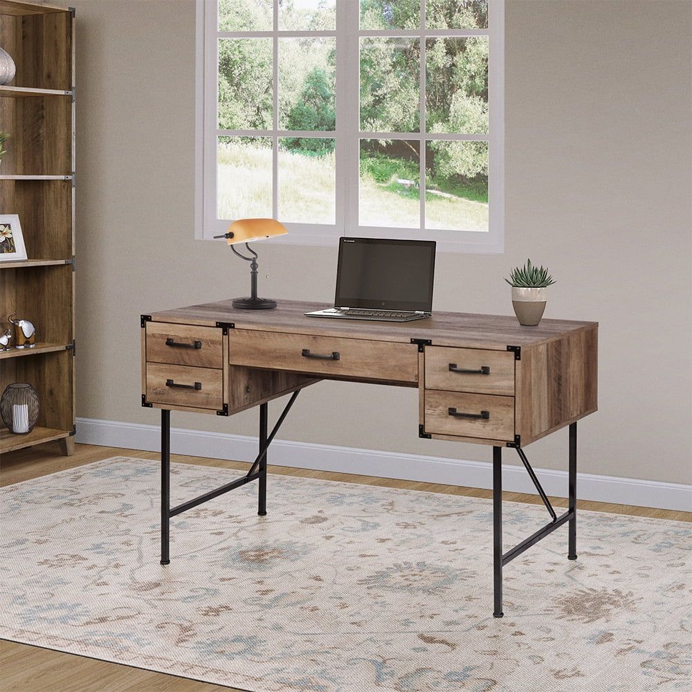 Rustic Oak and Black Wood Writing Desk with Drawers