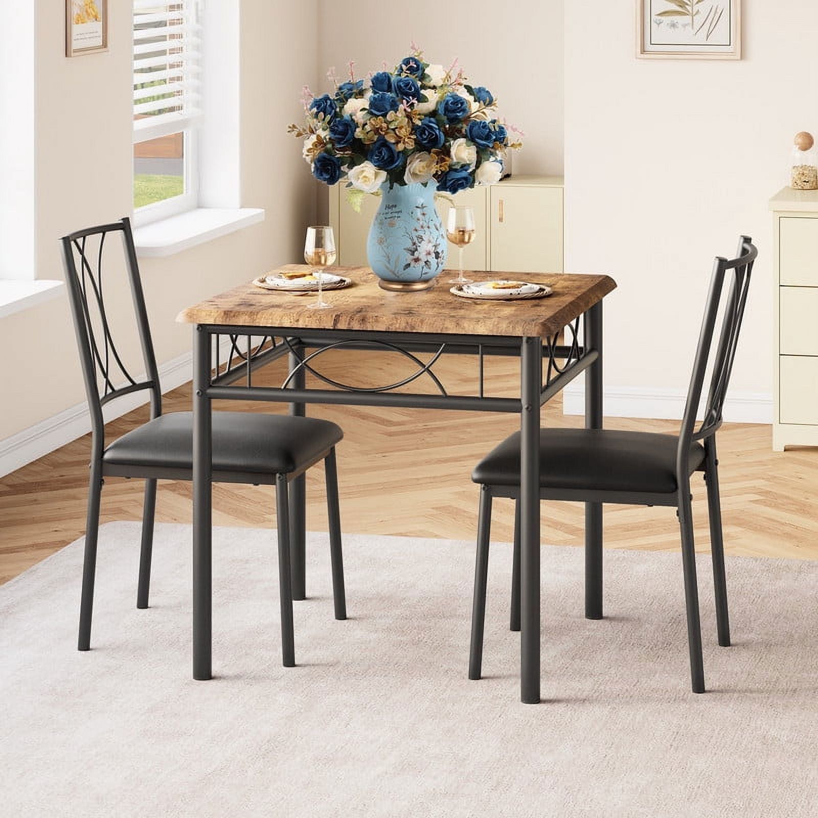 Rustic Brown Square Dining Table with 2 Upholstered Chairs