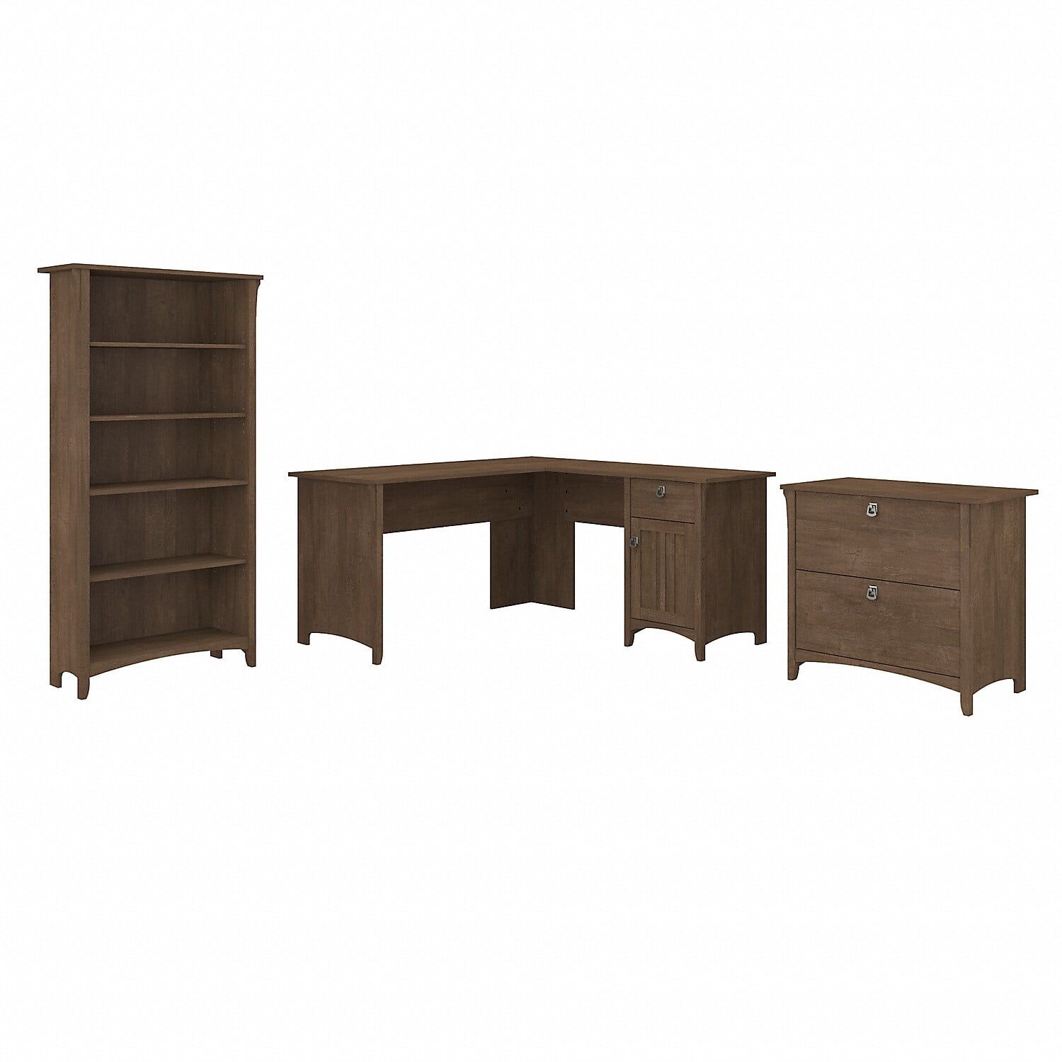 Ash Brown L-Shaped Desk with File Cabinet and Bookcase