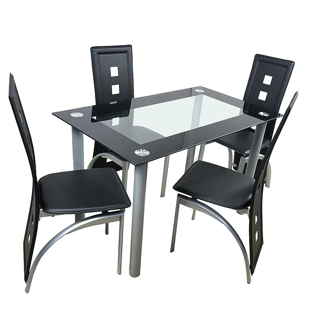 Black Tempered Glass and PU Leather 5-Piece Dining Set