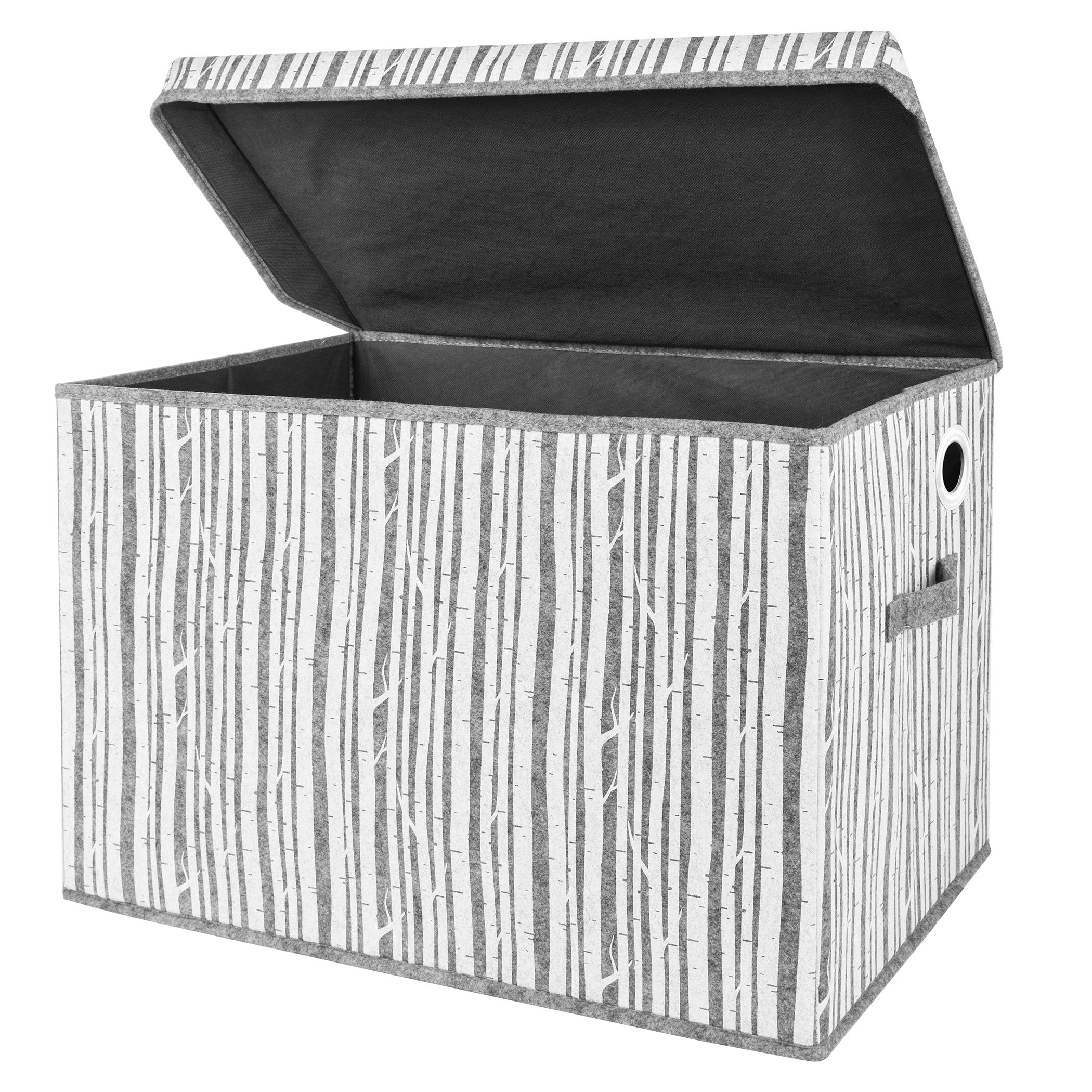 Gray and White Birch Felt Toy Storage Box with Hinged Lid