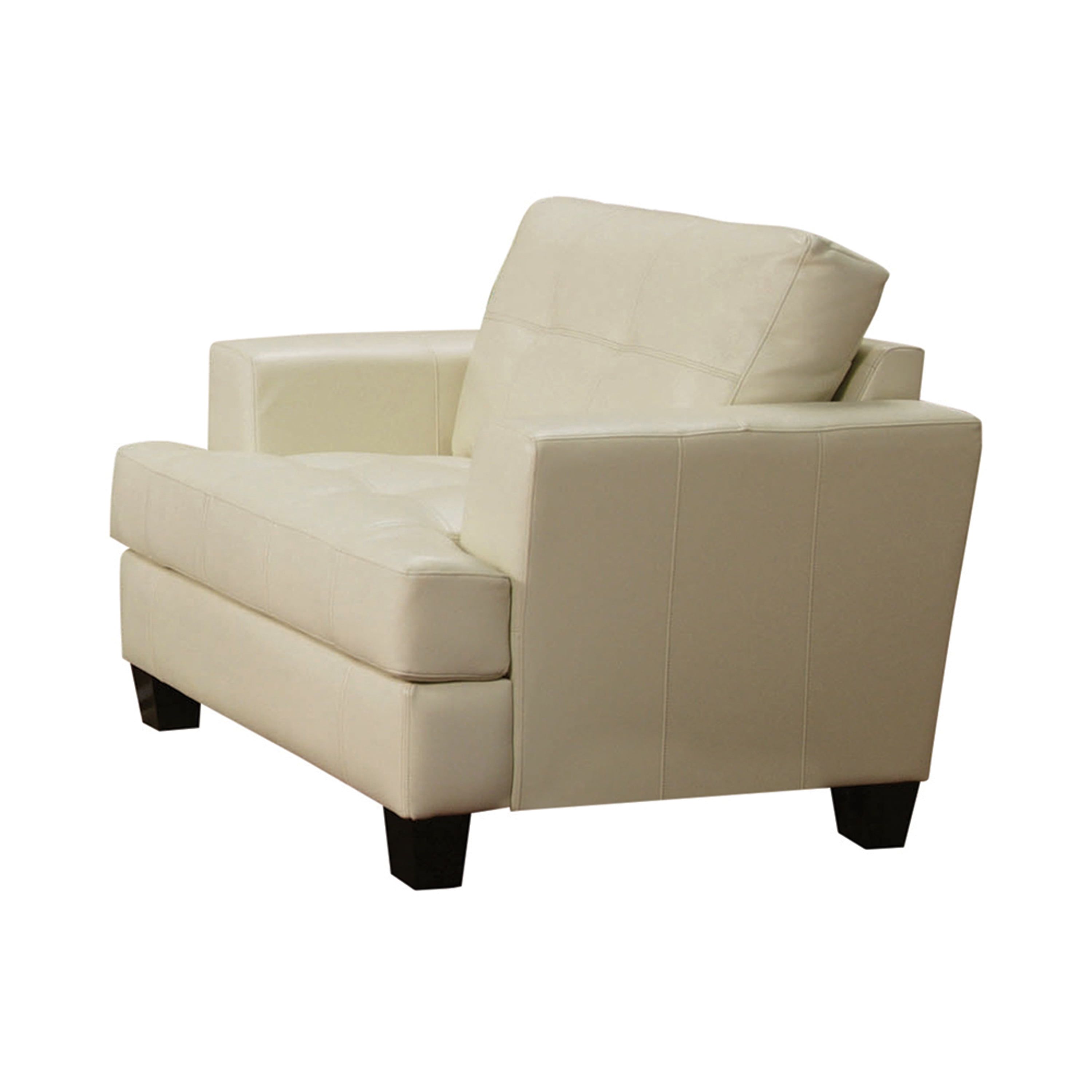 Transitional Cream Leather Arm Chair with Chunky Wood Legs