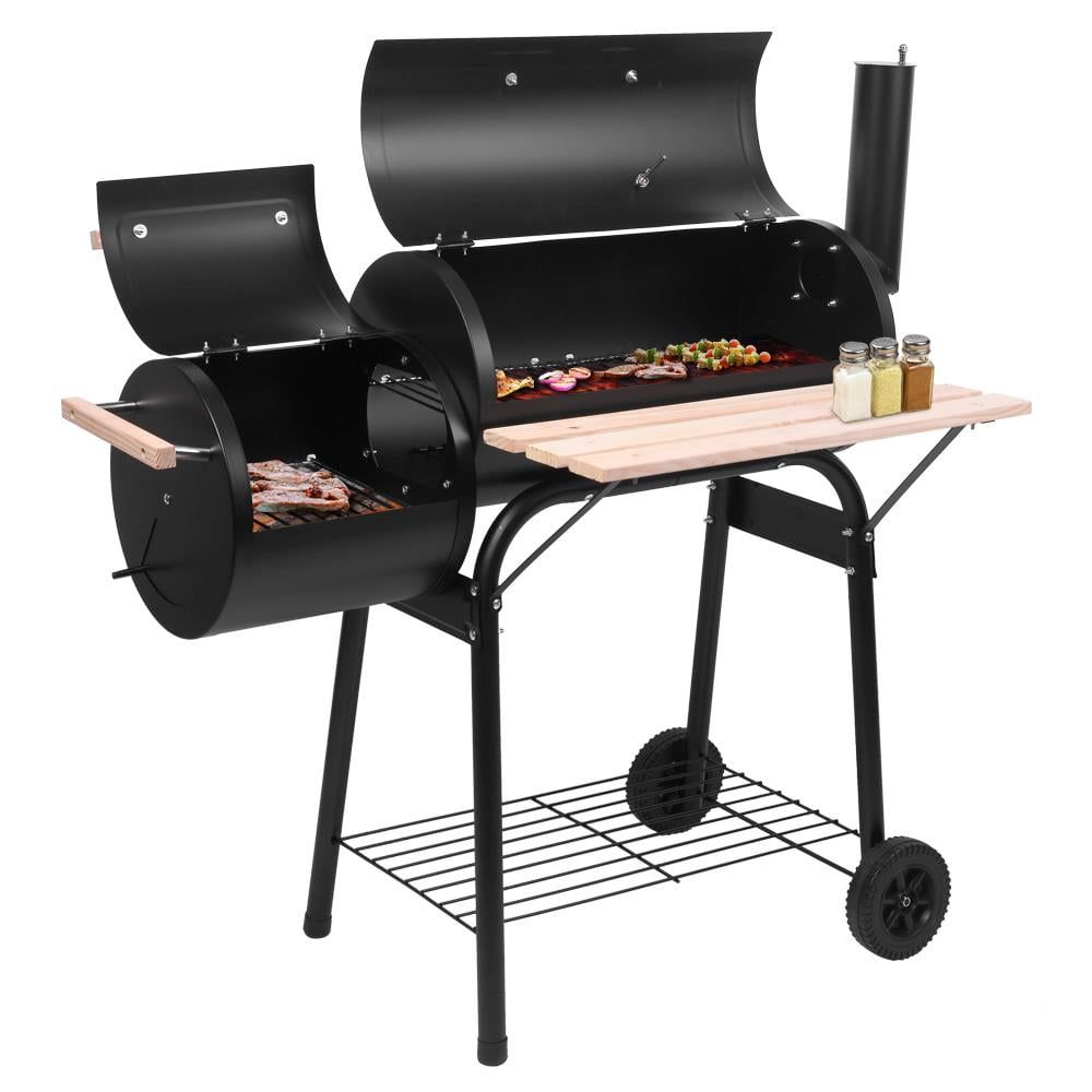 44 Inch Black Steel Charcoal Grill with Offset Smoker