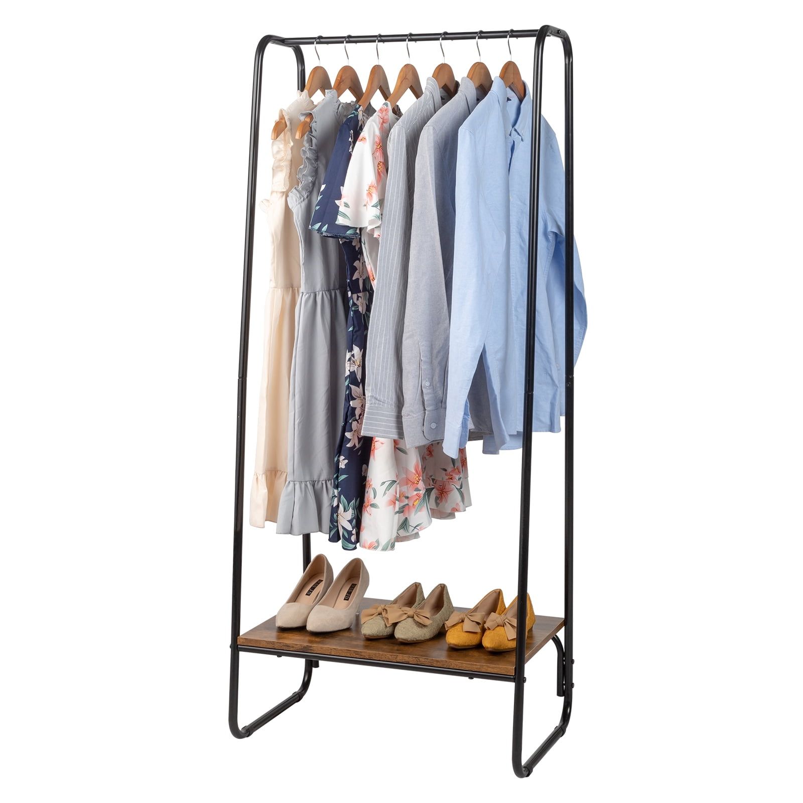 Freestanding Black Metal Garment Rack with Wooden Shelf