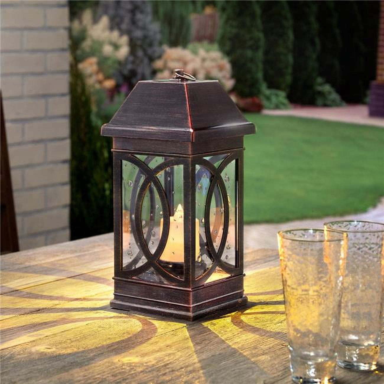 San Vicente II Bronze Solar Candle Lantern with Seeded Glass