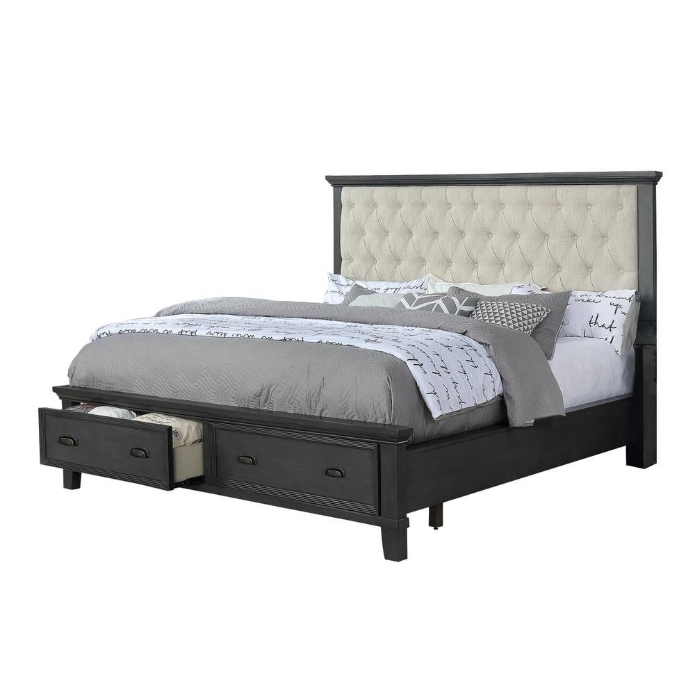 Cappuccino Wood King Platform Bed with Beige Tufted Headboard and Storage Drawers