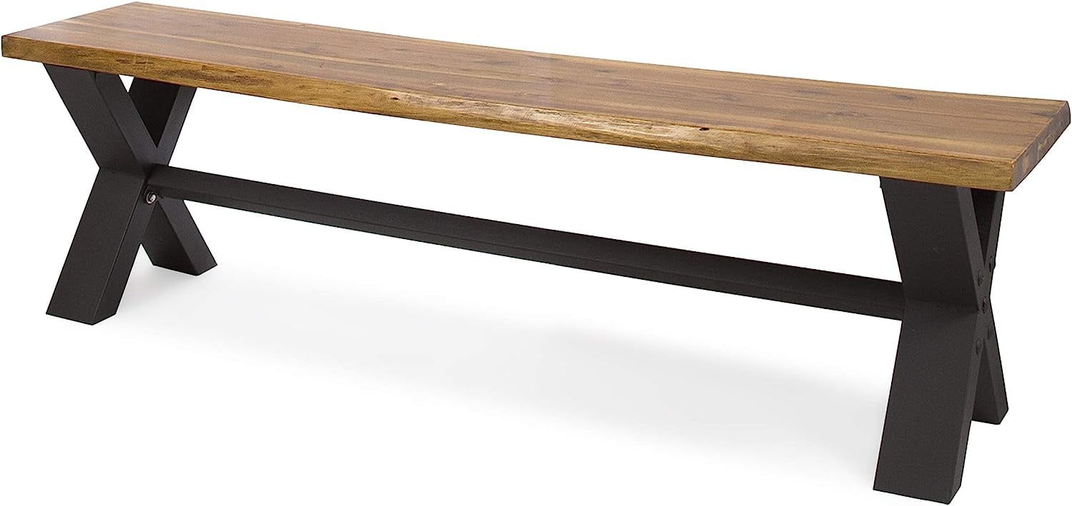 Teak Brown Acacia Wood Outdoor Dining Bench with Metal Legs