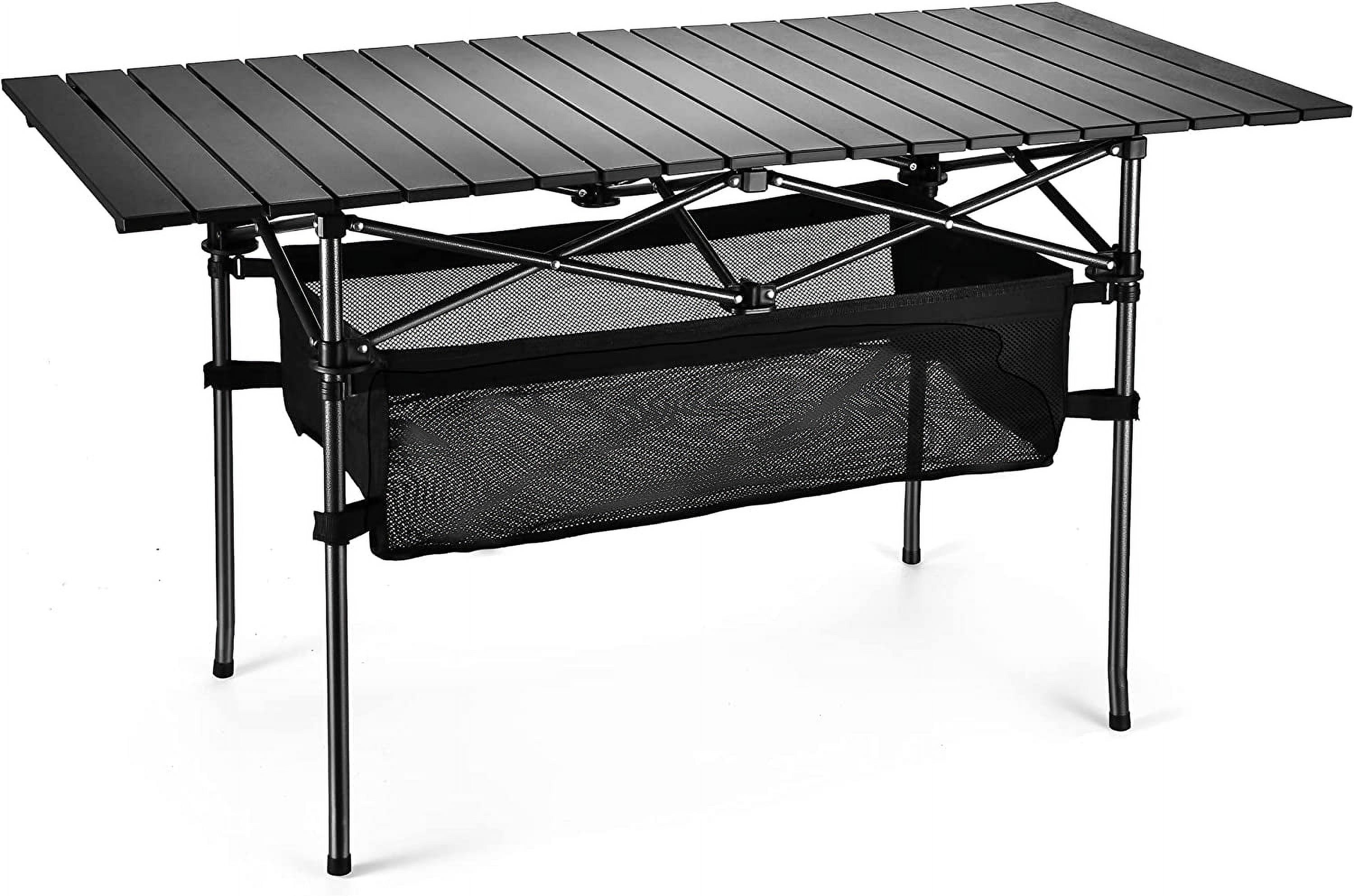 Large Black Aluminum Folding Outdoor Dining Table with Mesh Storage