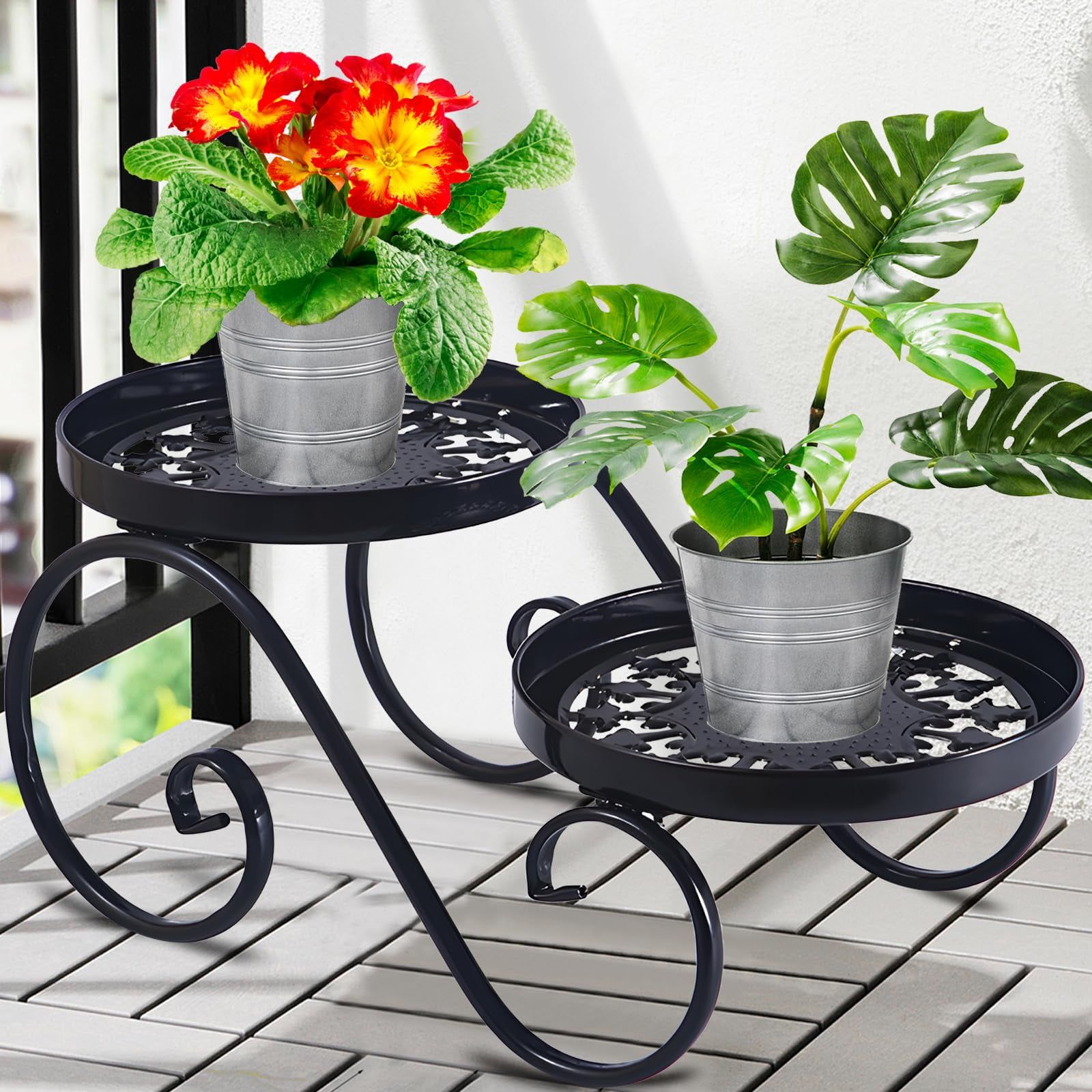 Black Powder Coated 2-Tier Metal Plant Stand