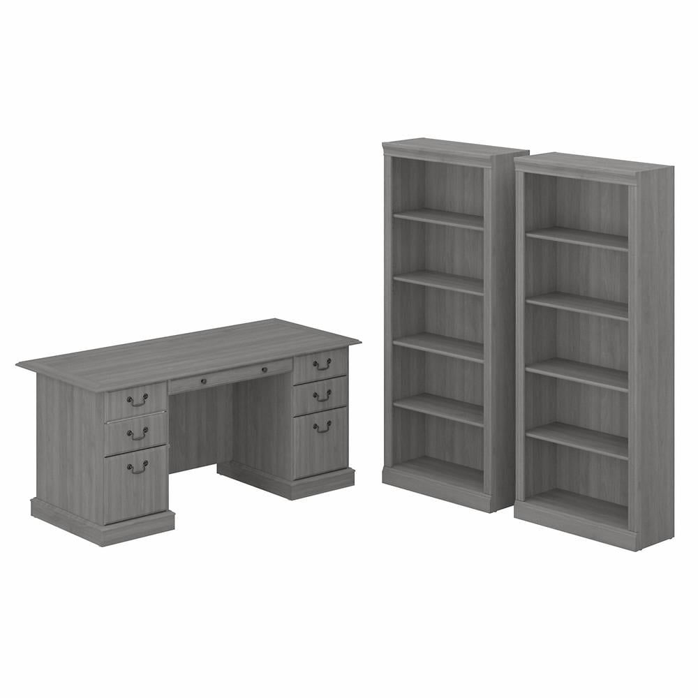 Modern Gray Engineered Wood Pedestal Desk with 2 Bookcases