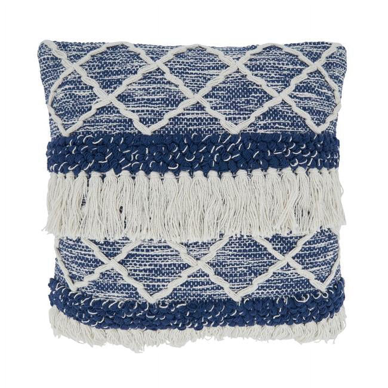 Navy Blue Cotton Fringe Moroccan Design 18'' Square Pillow Cover