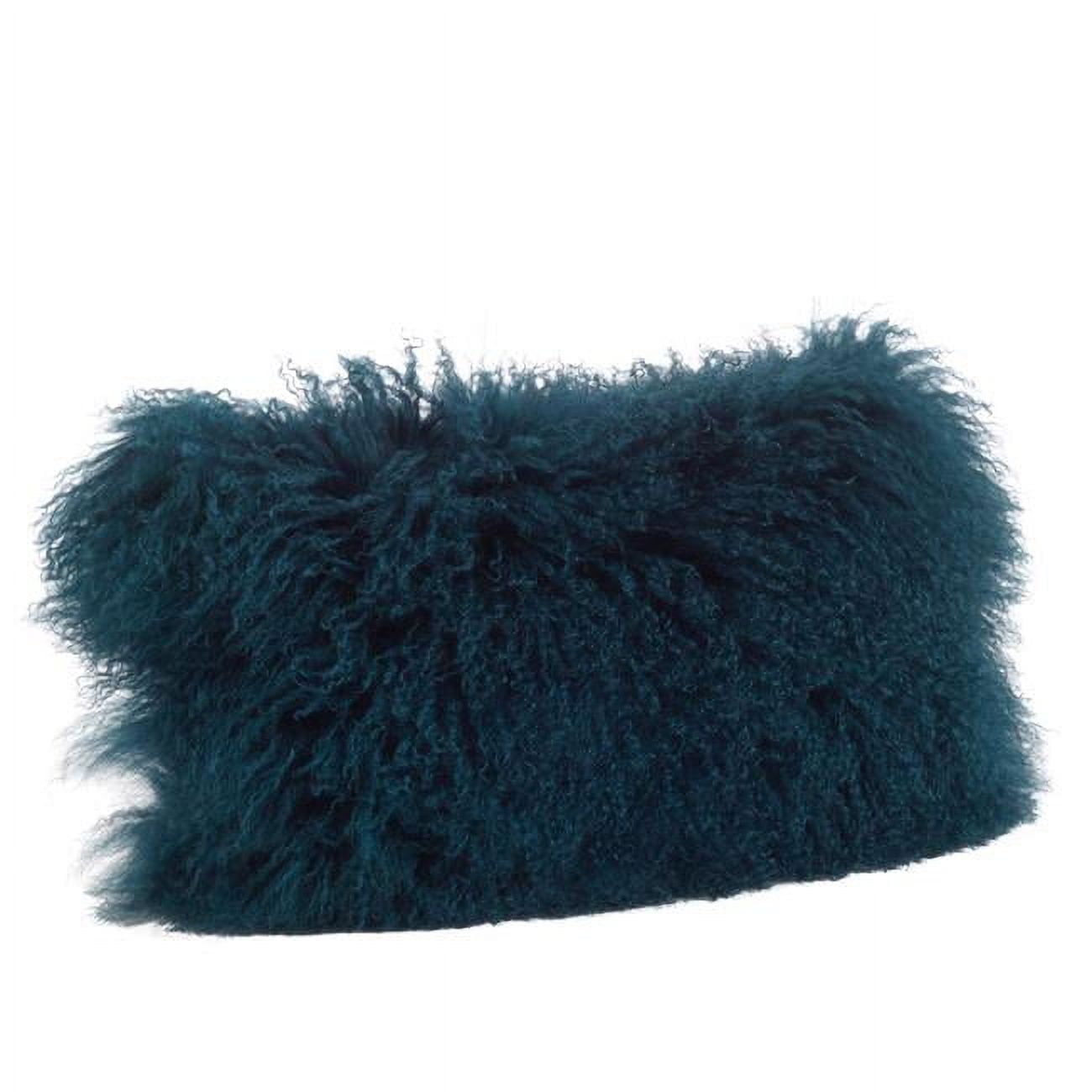 Teal Wool Mongolian Lamb Fur Lumbar Pillow with Zipper Closure