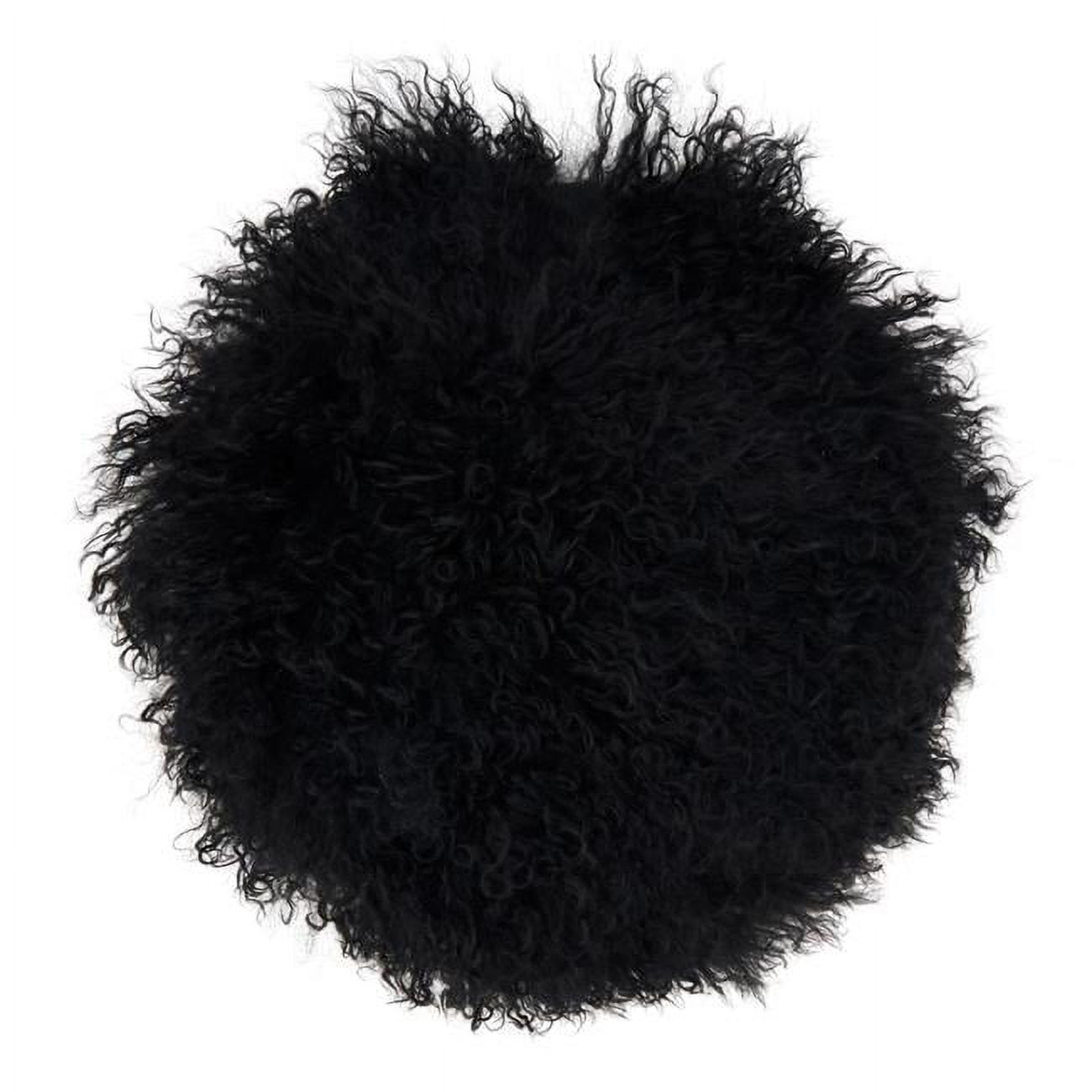 Black Round Wool Mongolian Lamb Fur Throw Pillow