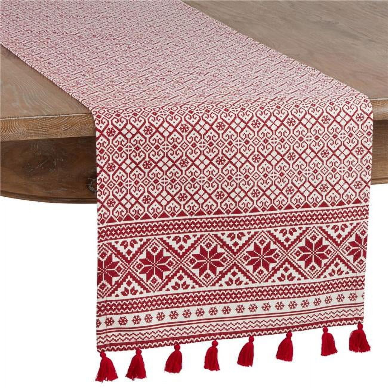 Red and White Cotton Christmas Table Runner with Tassels