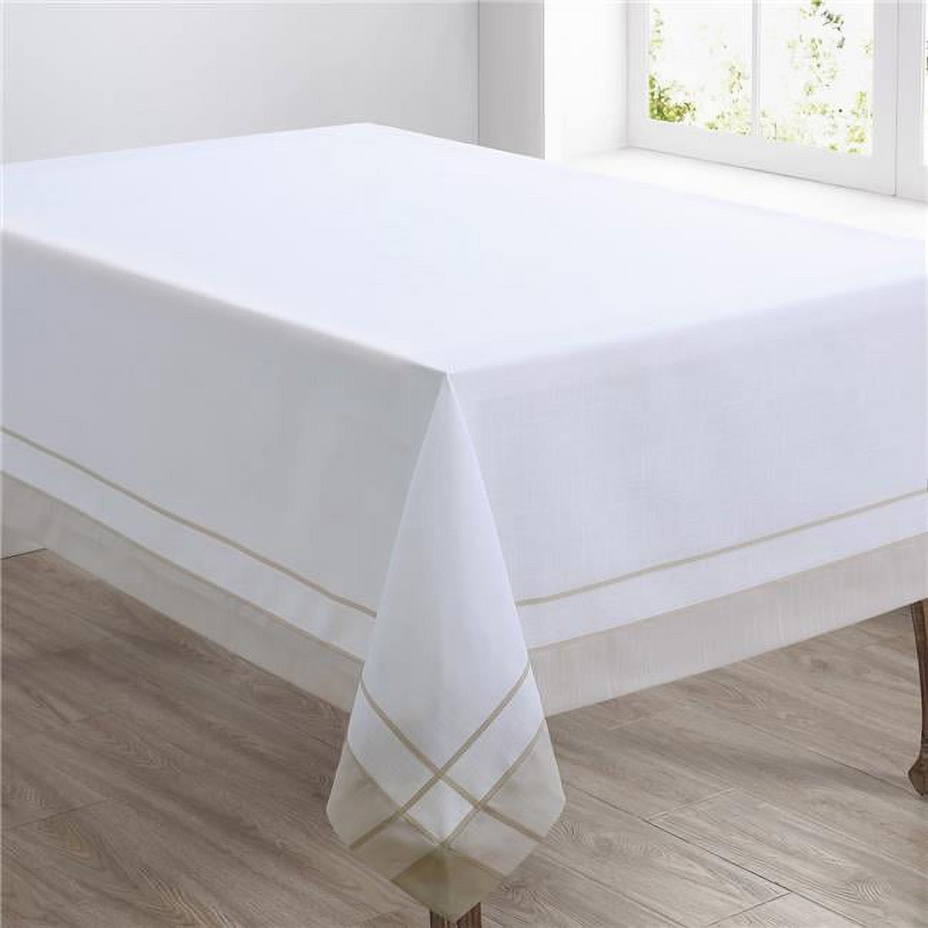 White Rectangular Fabric Tablecloth with Border Embellishment