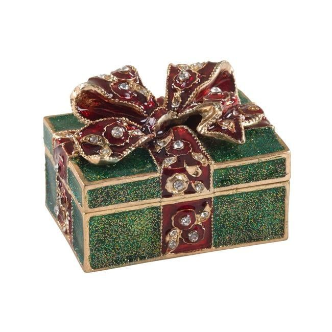 Green and Red Bejeweled Metal Christmas Gift Trinket Box