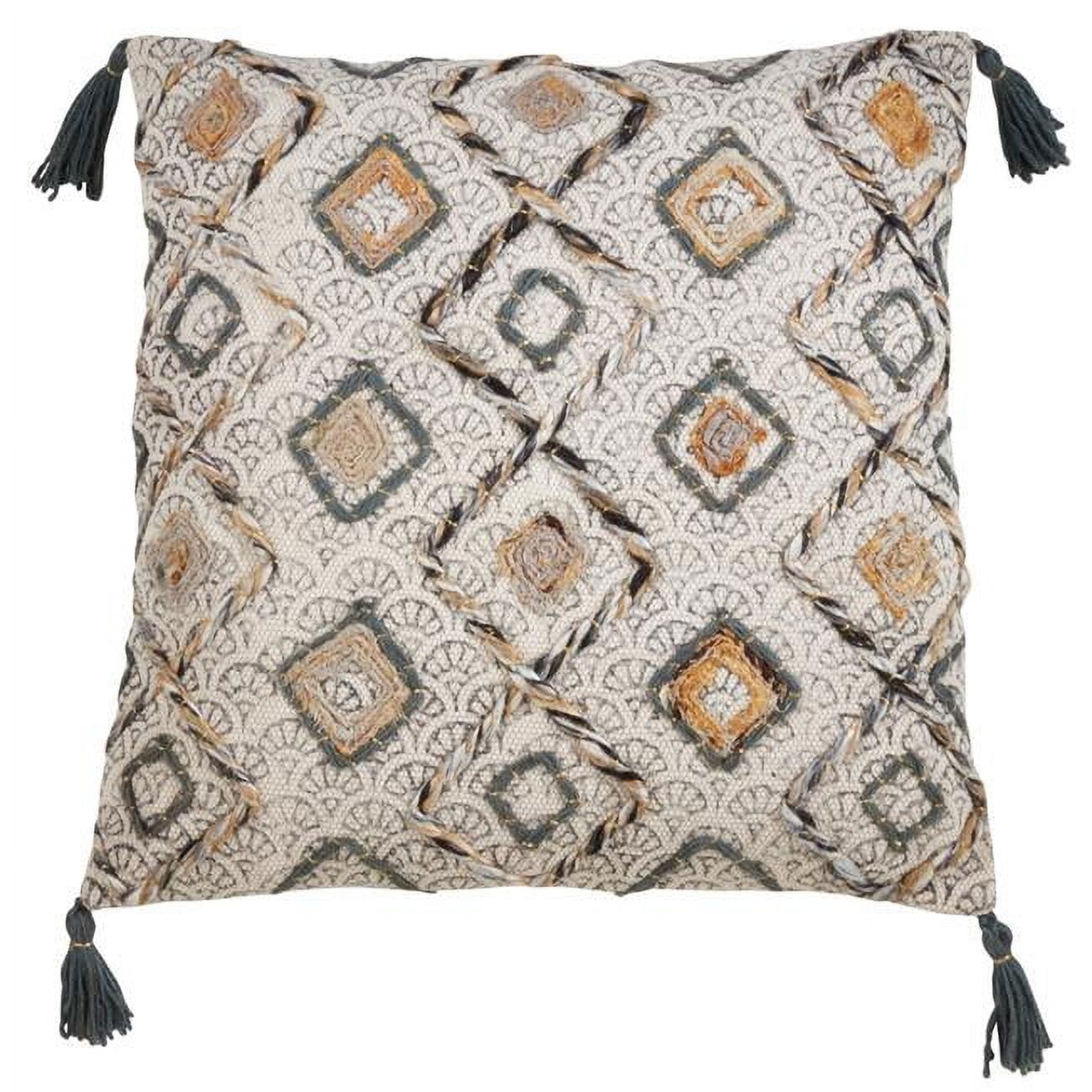 Clay Embroidered Cotton Throw Pillow with Tasseled Corners, 22" Square