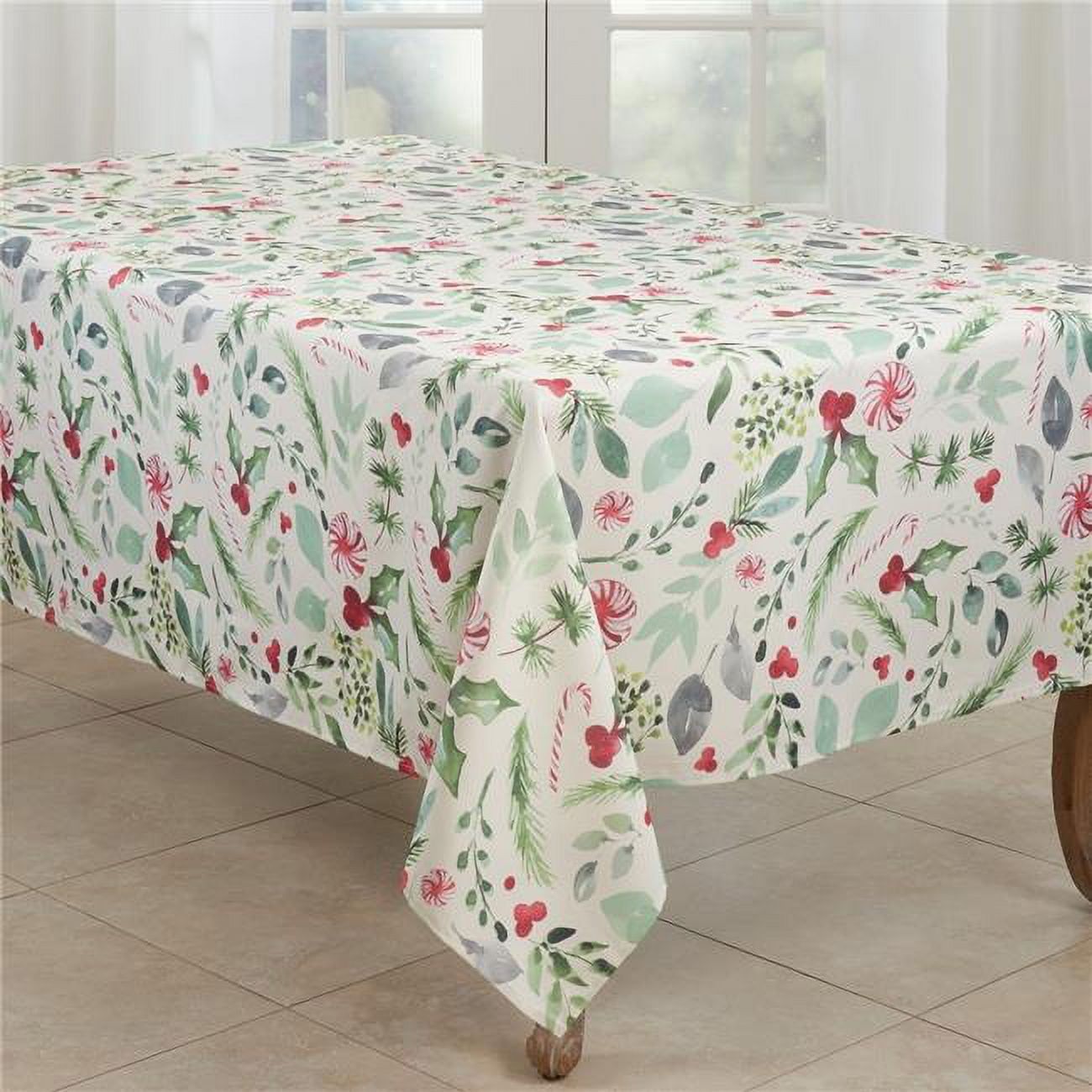 Festive Christmas Foliage and Candy Canes Polyester Tablecloth