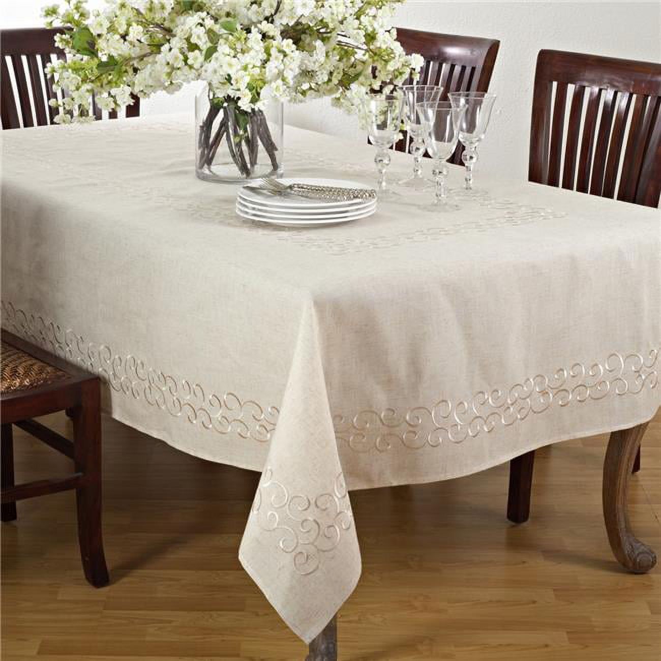 Embroidered Linen Blend Rectangular Tablecloth in Neutral Tones