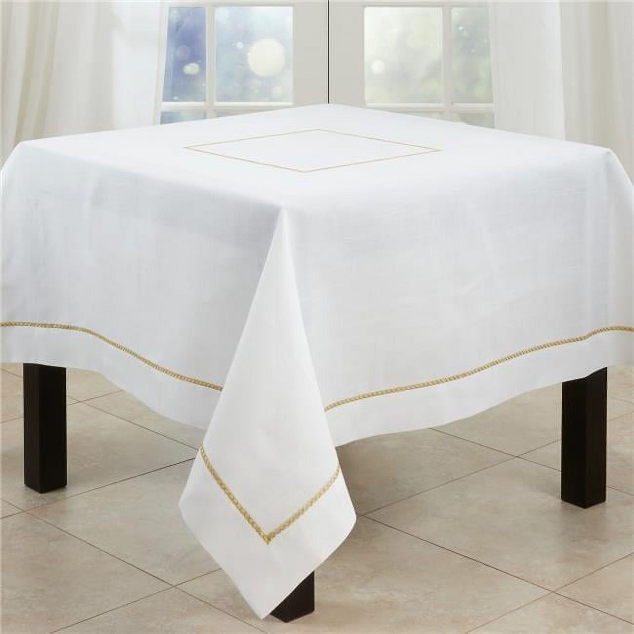 White Embroidered Border Fabric Tablecloth, 70" x 70"