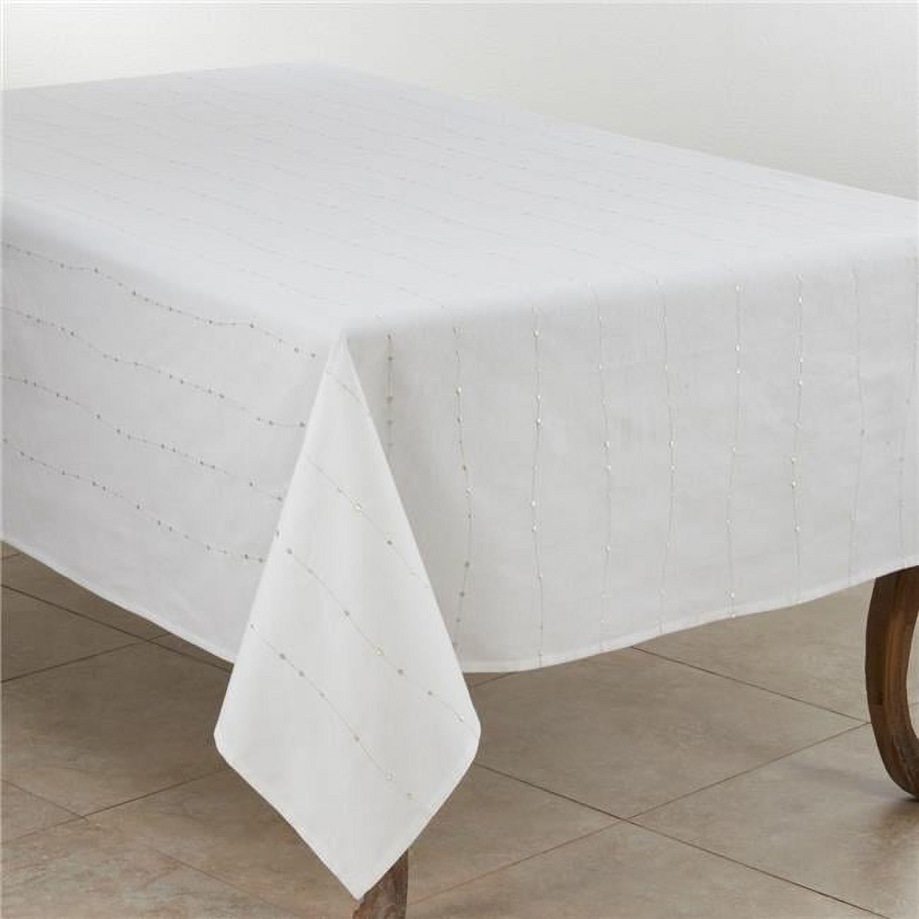 White and Silver Embroidered Rectangular Tablecloth, 65" x 140"