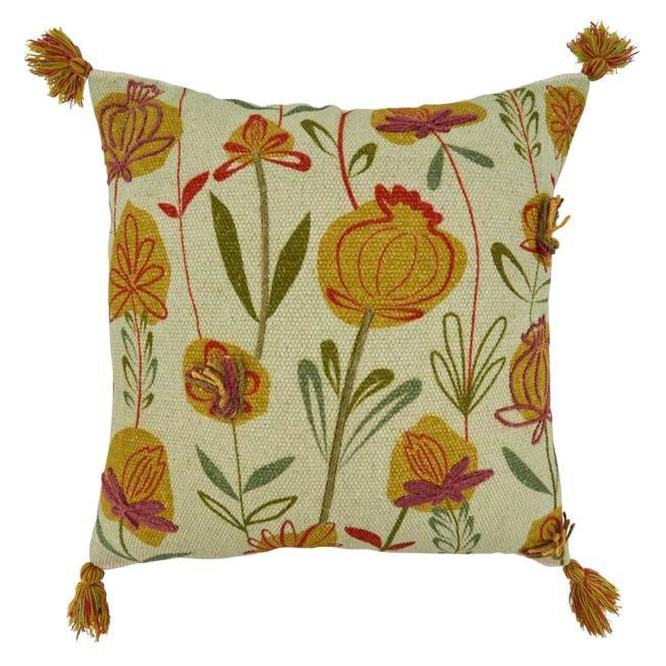 20'' Square Embroidered Floral Cotton Throw Pillow