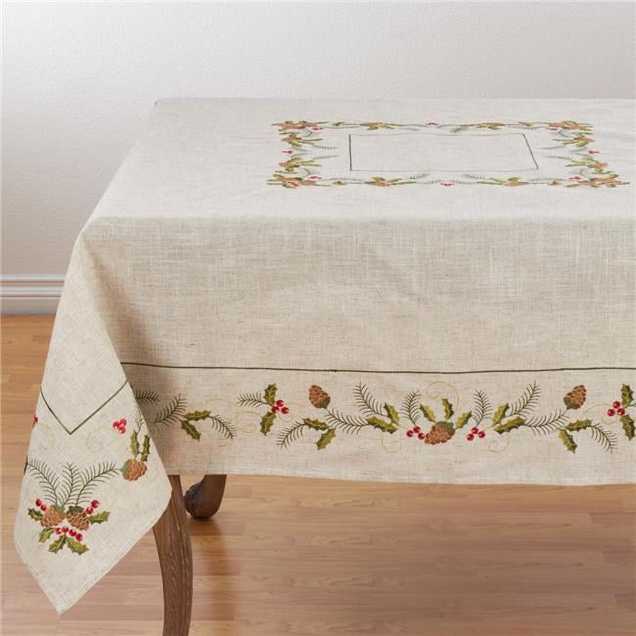 Natural Square Pinecone Holly Print Christmas Tablecloth