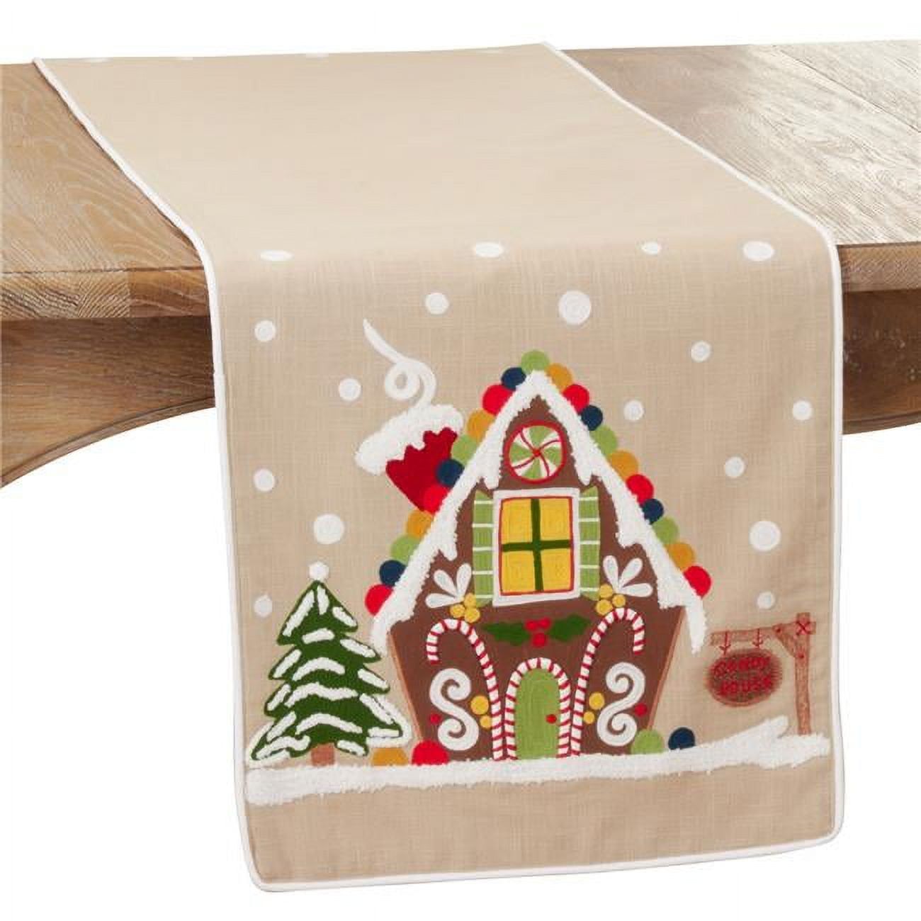 Beige Cotton Gingerbread House Christmas Table Runner