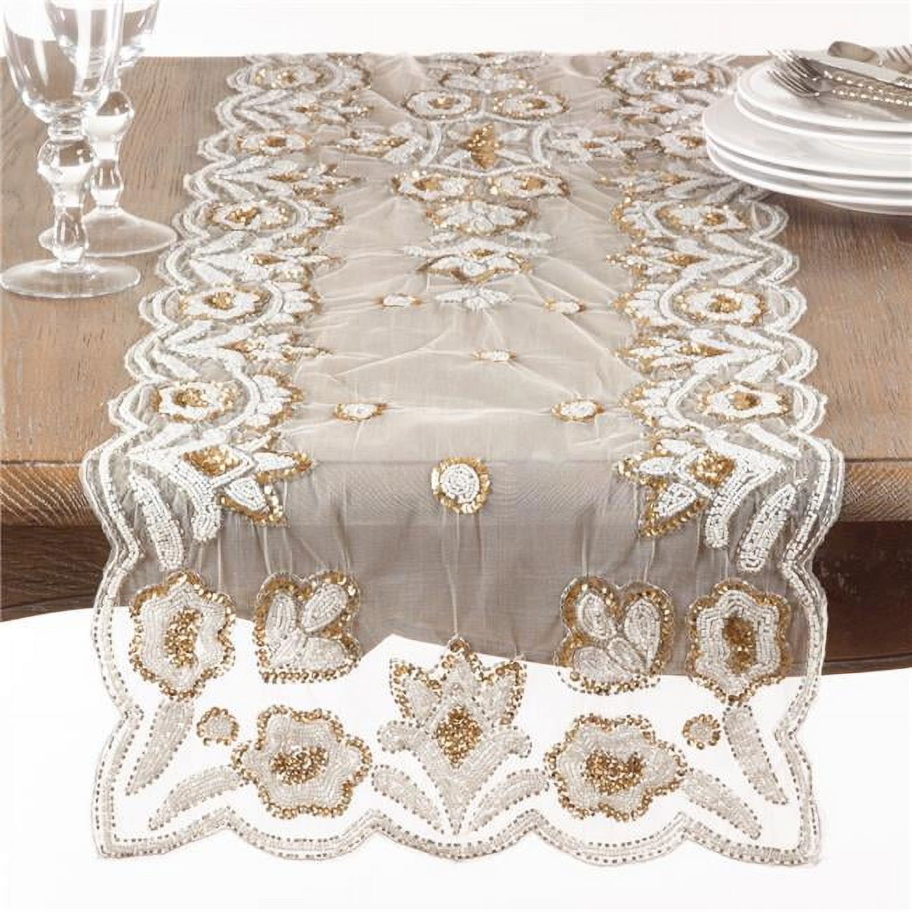 Gold and White Hand-Beaded Floral Polyester Table Runner